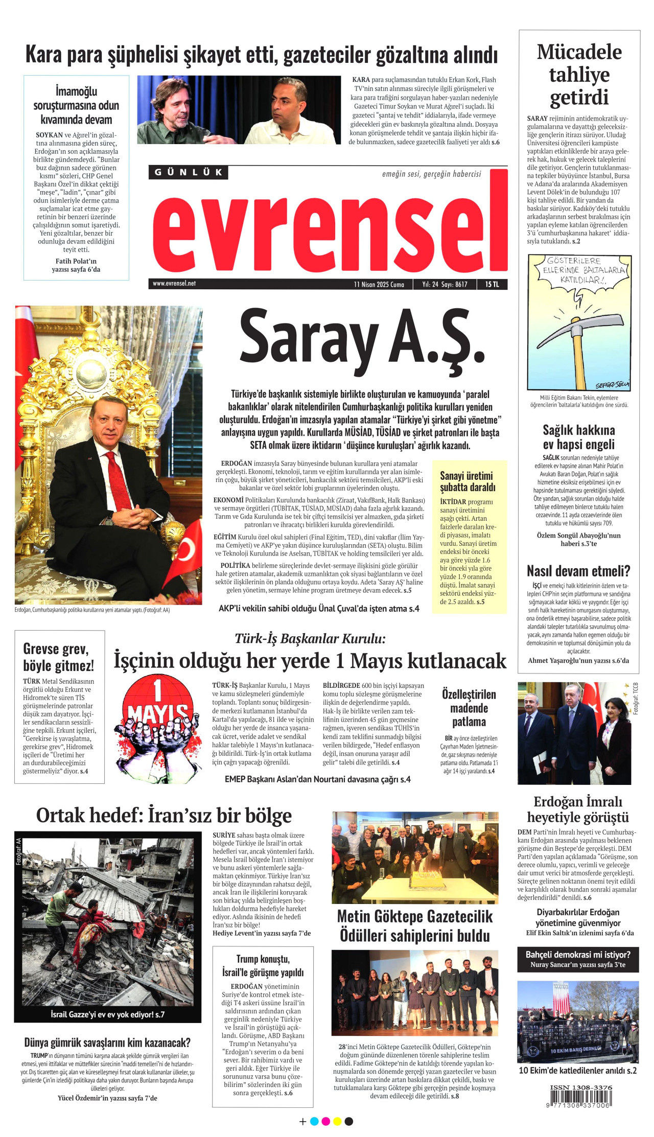 EVRENSEL gazetesinin 11 Nisan 2025 tarihli birinci sayfası