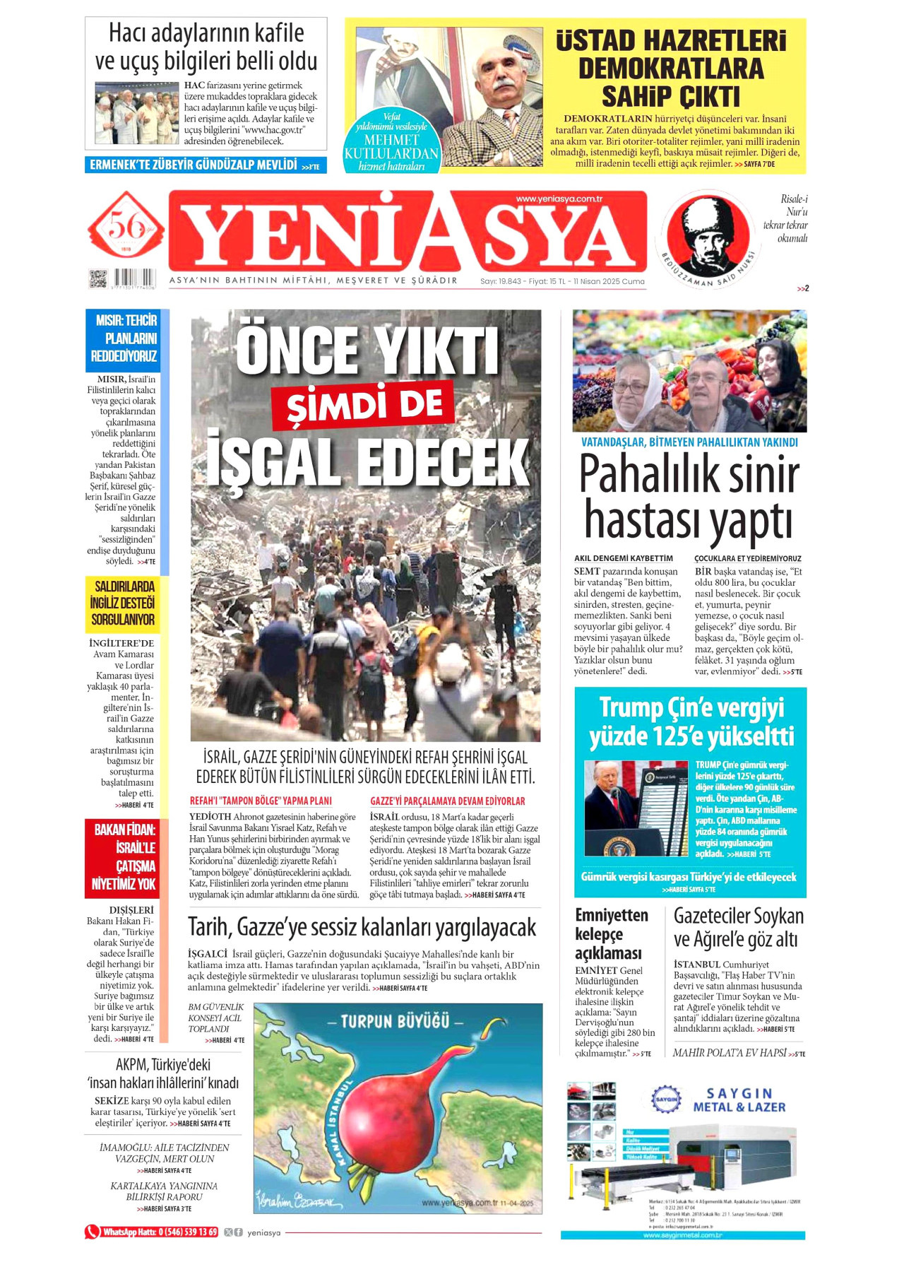 YENİ ASYA gazetesinin 11 Nisan 2025 tarihli birinci sayfası