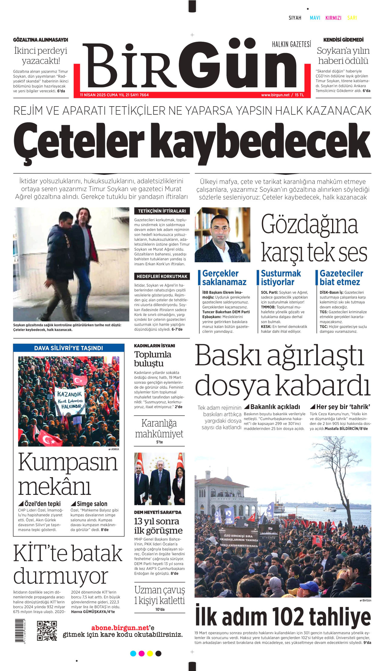 BİRGÜN gazetesinin 11 Nisan 2025 tarihli birinci sayfası