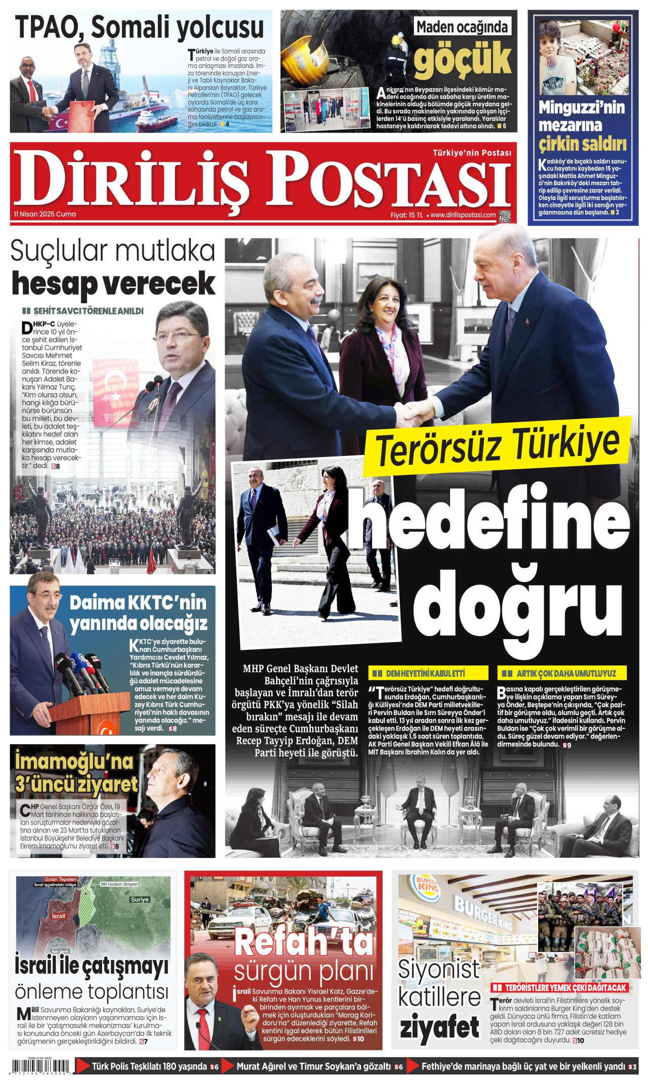 DİRİLİŞ POSTASI gazetesinin 11 Nisan 2025 tarihli birinci sayfası