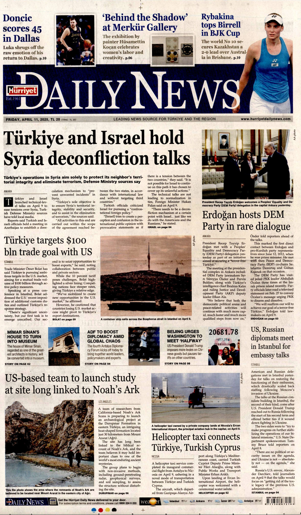 HÜRRİYET DAİLY NEWS gazetesinin 11 Nisan 2025 tarihli birinci sayfası