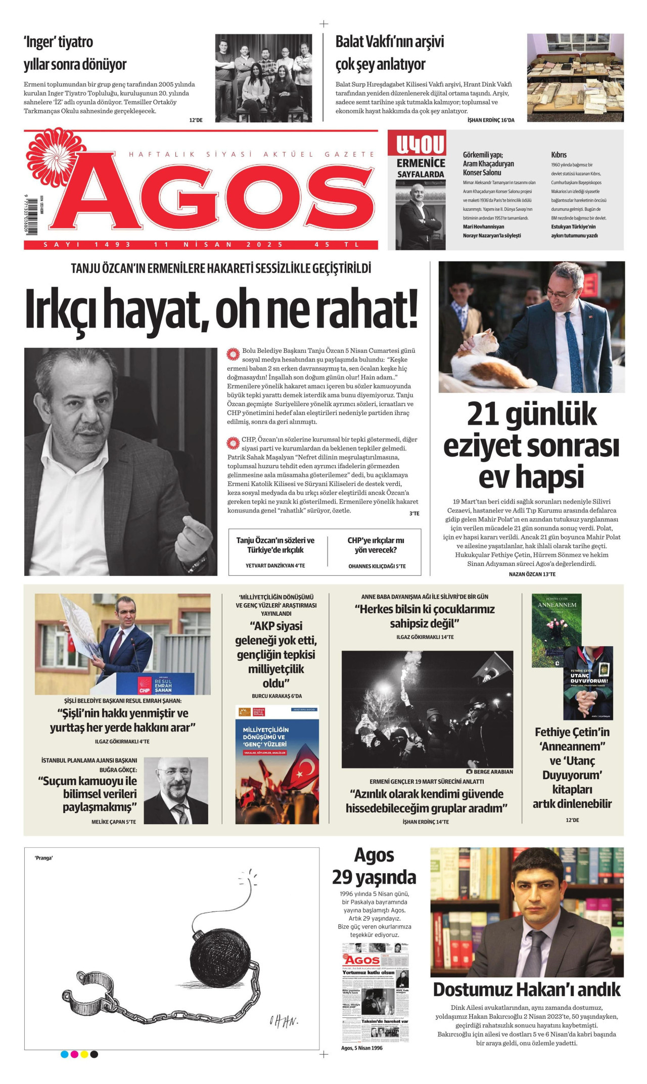 AGOS gazetesinin 11 Nisan 2025 tarihli birinci sayfası