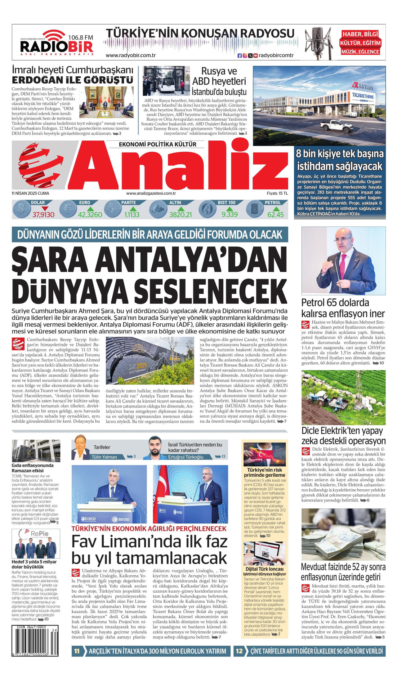 ANALİZ gazetesinin 11 Nisan 2025 tarihli birinci sayfası