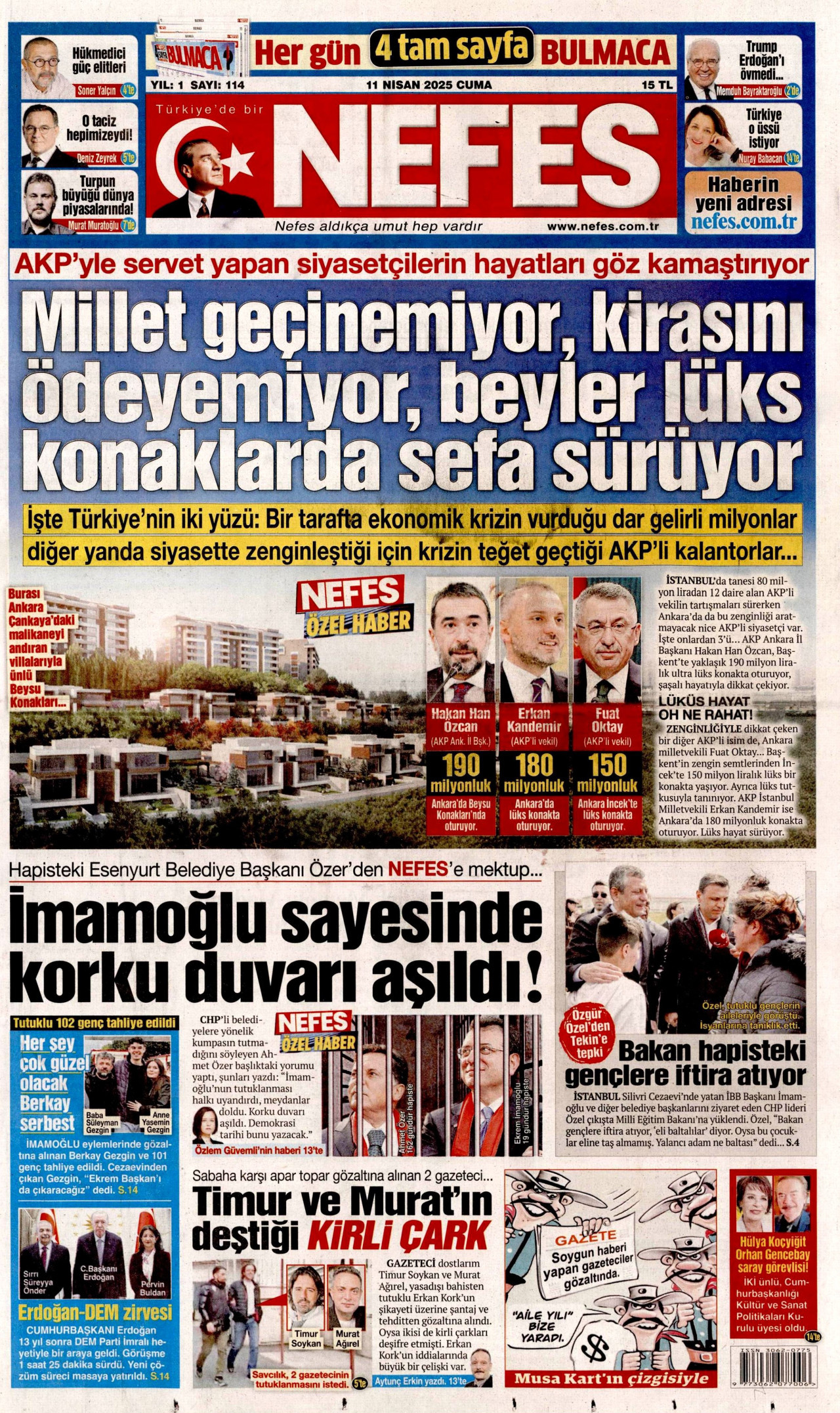 NEFES gazetesinin 11 Nisan 2025 tarihli birinci sayfası