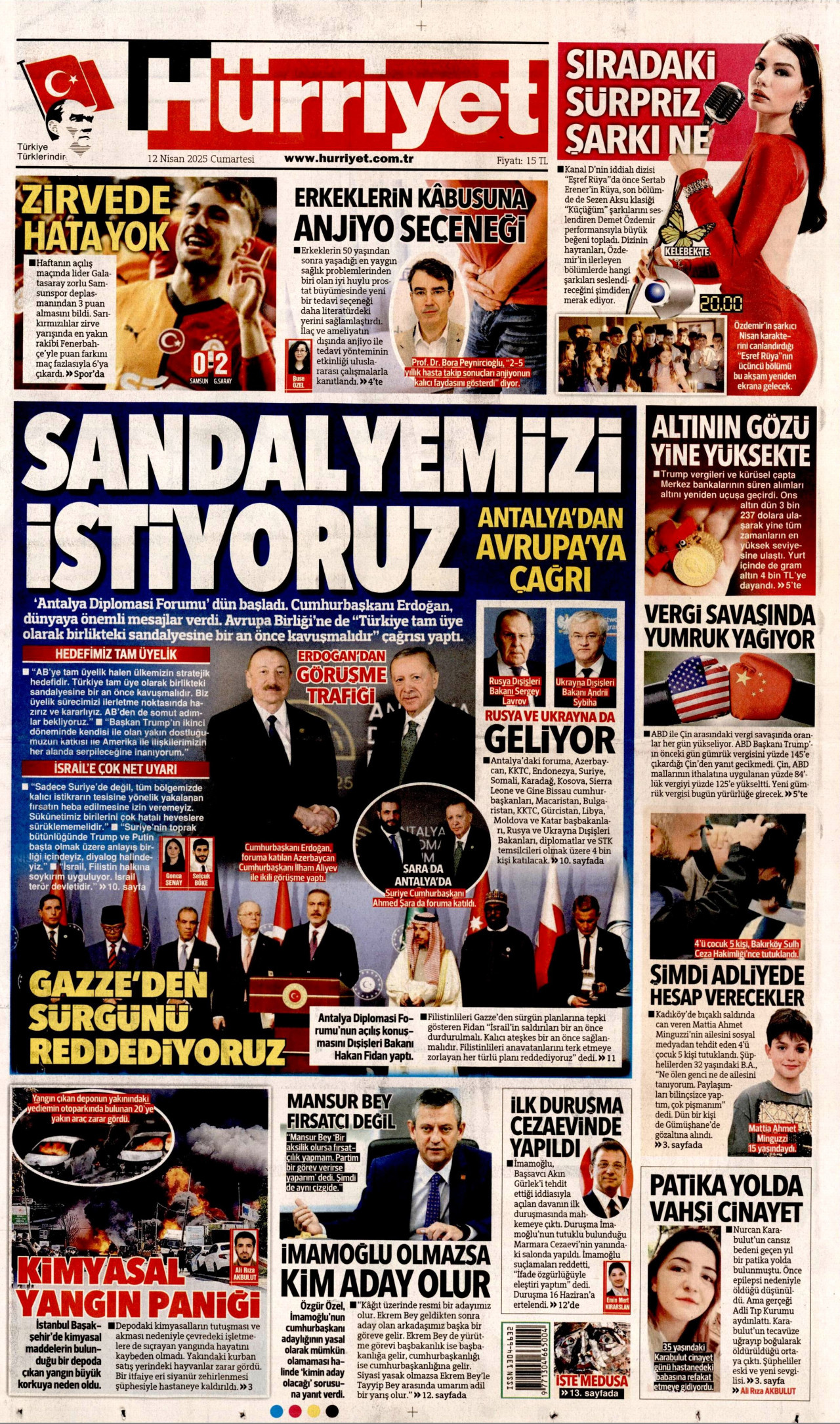HÜRRİYET gazetesinin 12 Nisan 2025 tarihli birinci sayfası