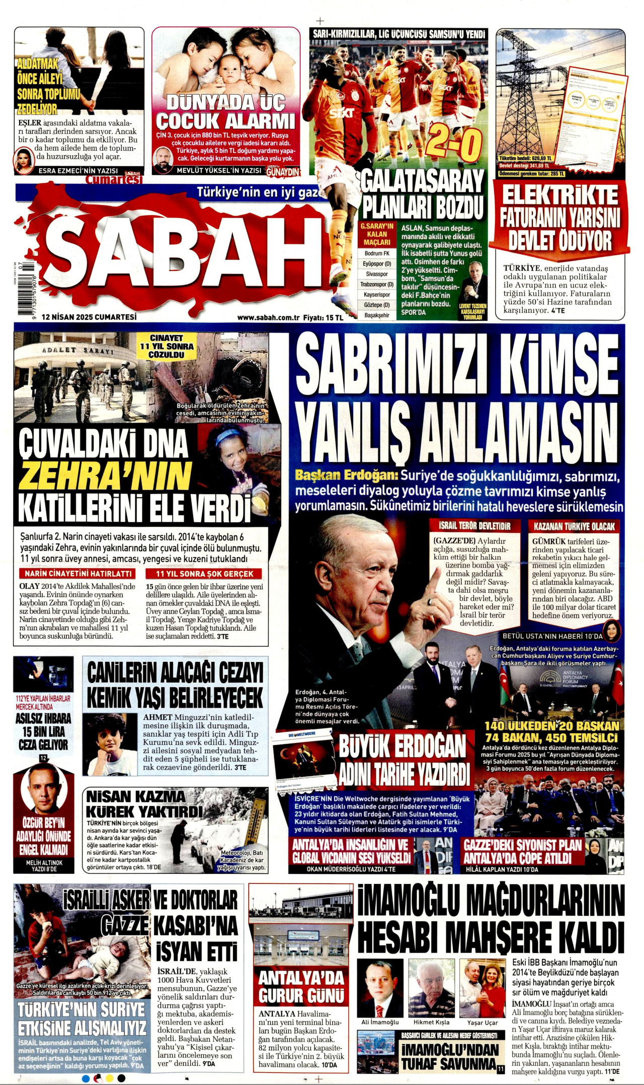 SABAH gazetesinin 12 Nisan 2025 tarihli birinci sayfası