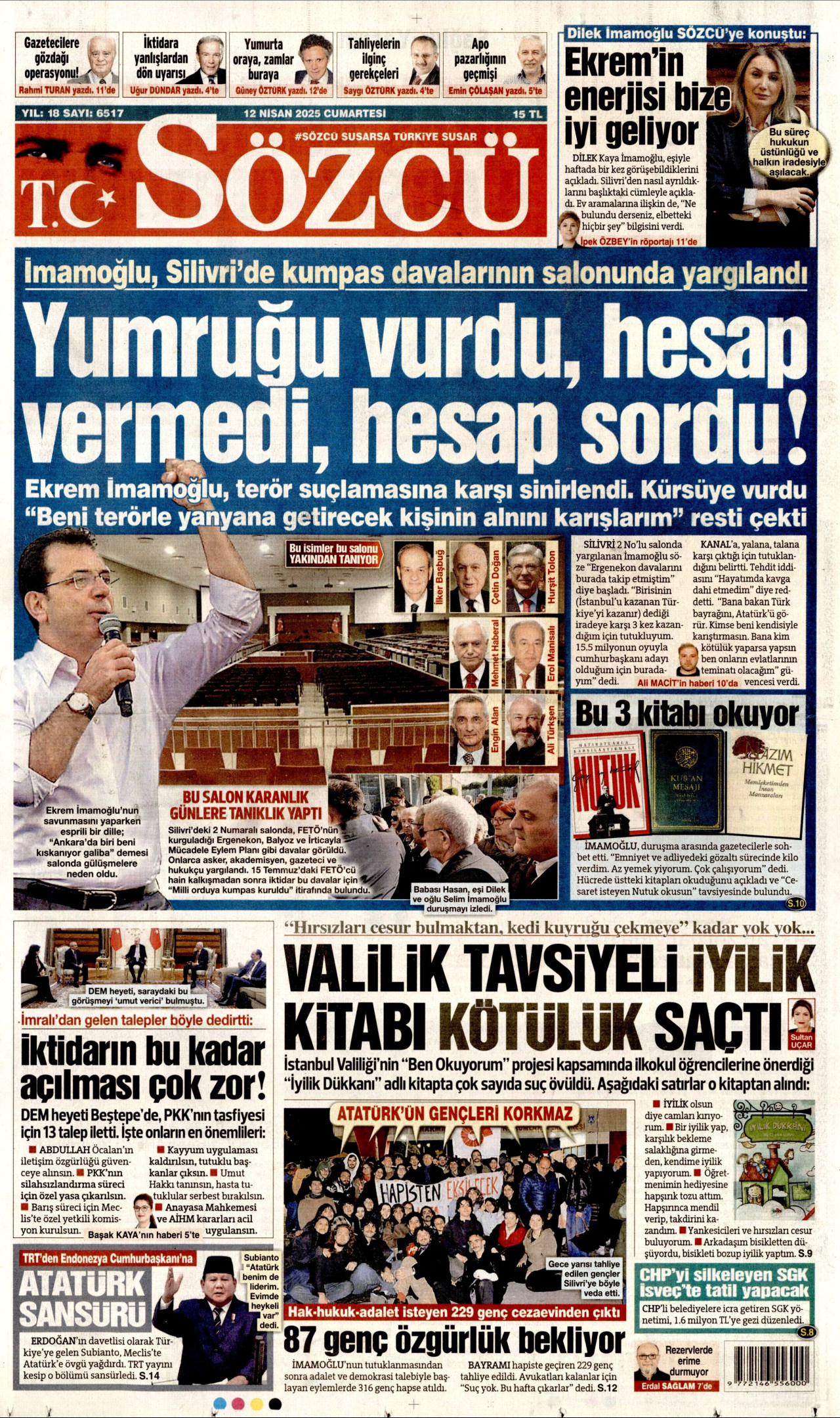 SÖZCÜ gazetesinin 12 Nisan 2025 tarihli birinci sayfası