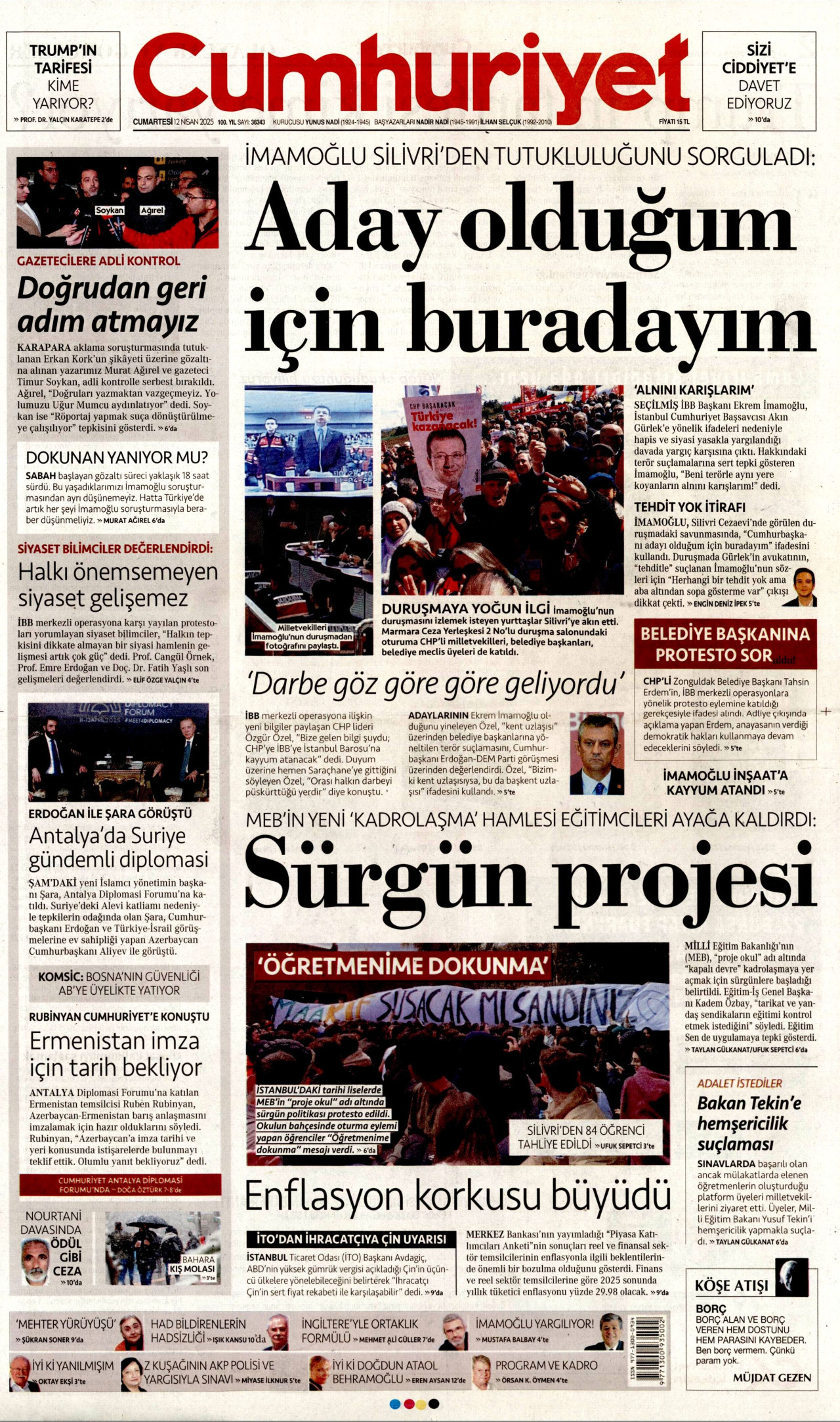 CUMHURİYET gazetesinin 12 Nisan 2025 tarihli birinci sayfası