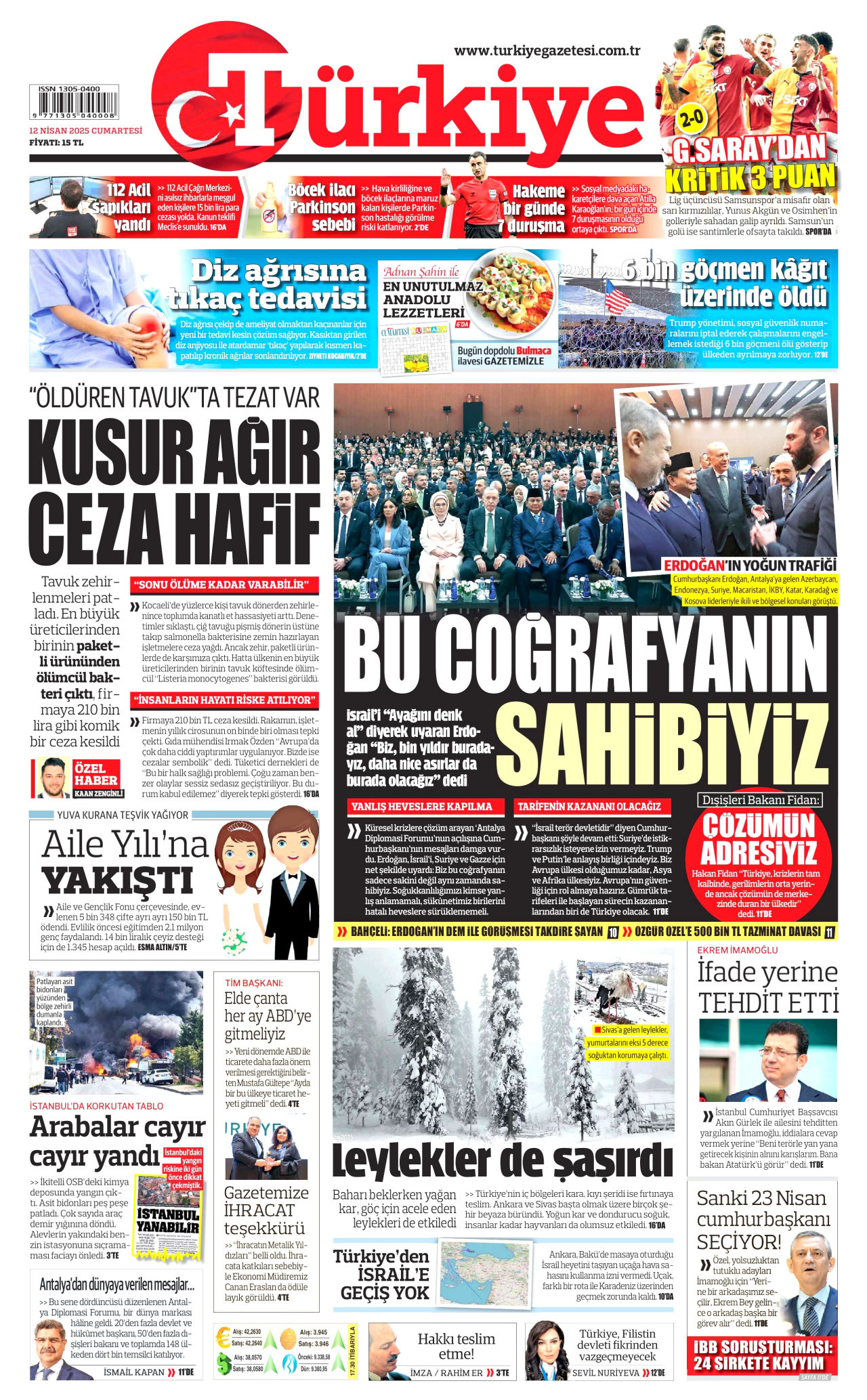 TÜRKİYE GAZETESİ gazetesinin 12 Nisan 2025 tarihli birinci sayfası