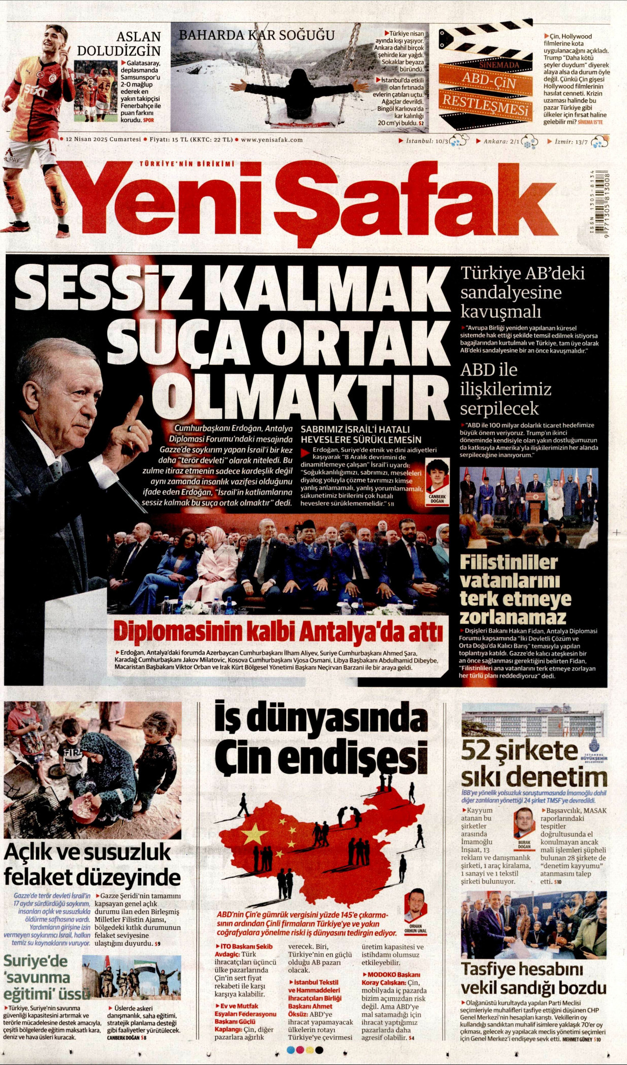YENİ ŞAFAK gazetesinin 12 Nisan 2025 tarihli birinci sayfası
