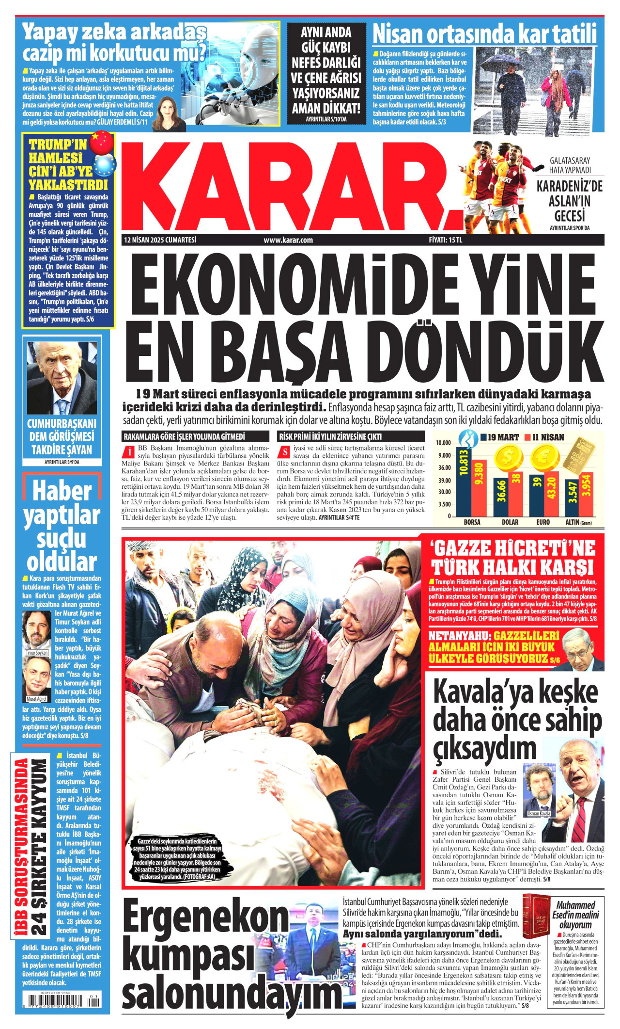 KARAR gazetesinin 12 Nisan 2025 tarihli birinci sayfası