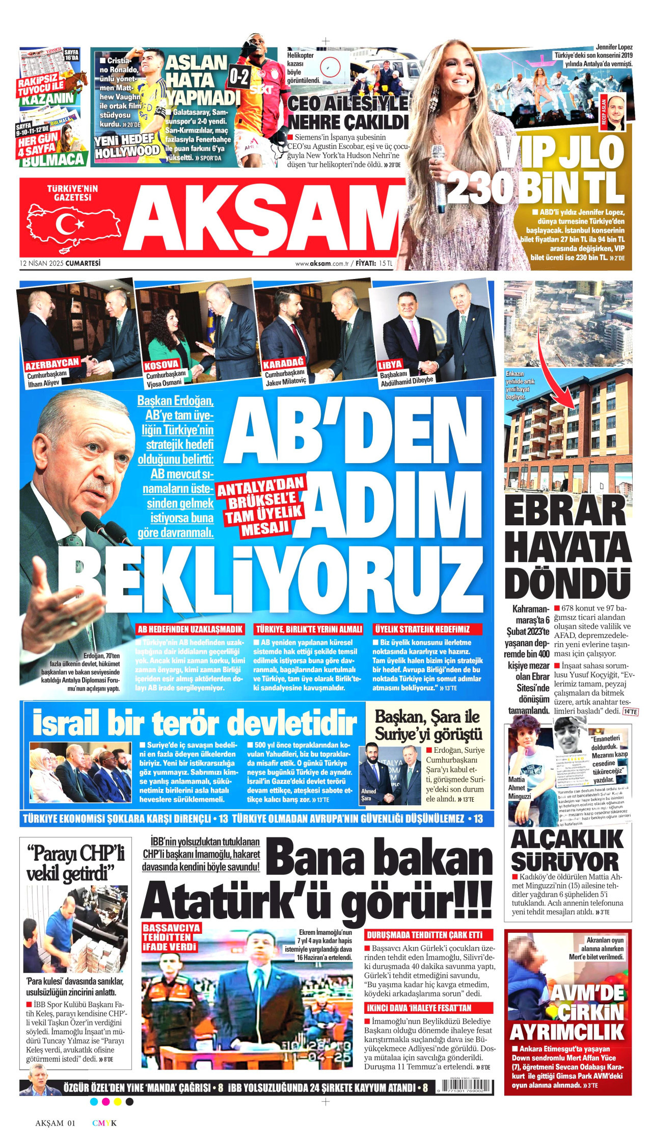 AKŞAM gazetesinin 12 Nisan 2025 tarihli birinci sayfası