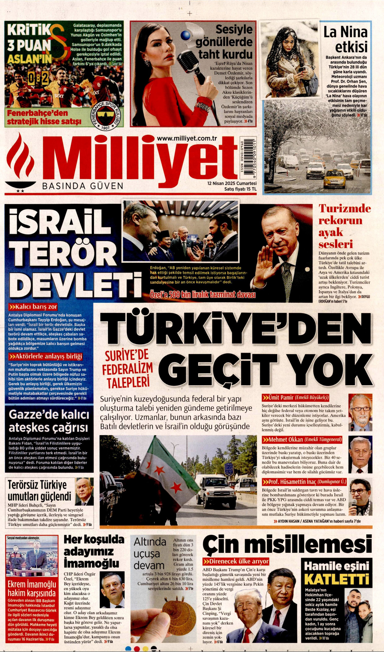 MİLLİYET gazetesinin 12 Nisan 2025 tarihli birinci sayfası
