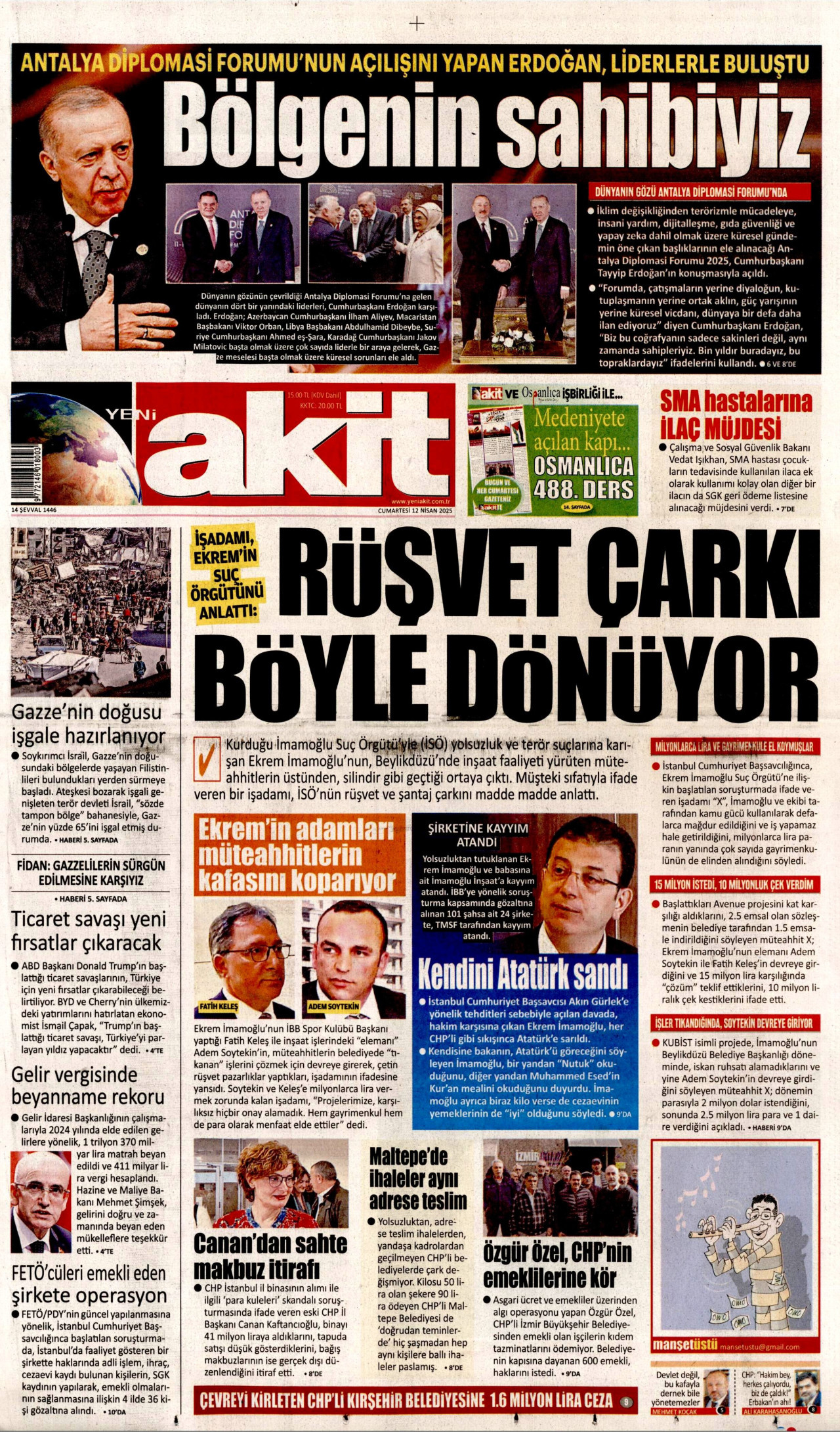 YENİ AKİT gazetesinin 12 Nisan 2025 tarihli birinci sayfası