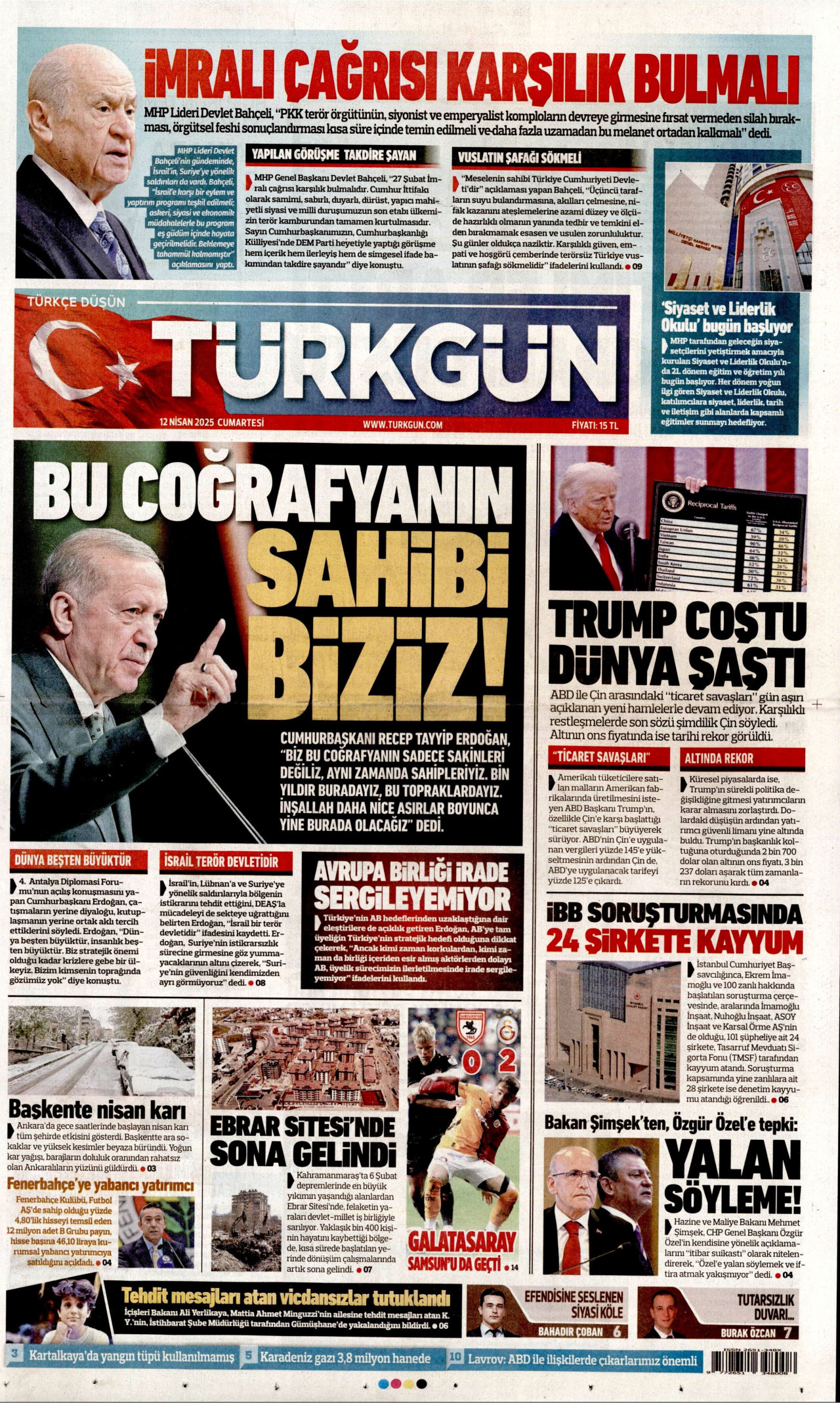 TÜRKGÜN gazetesinin 12 Nisan 2025 tarihli birinci sayfası