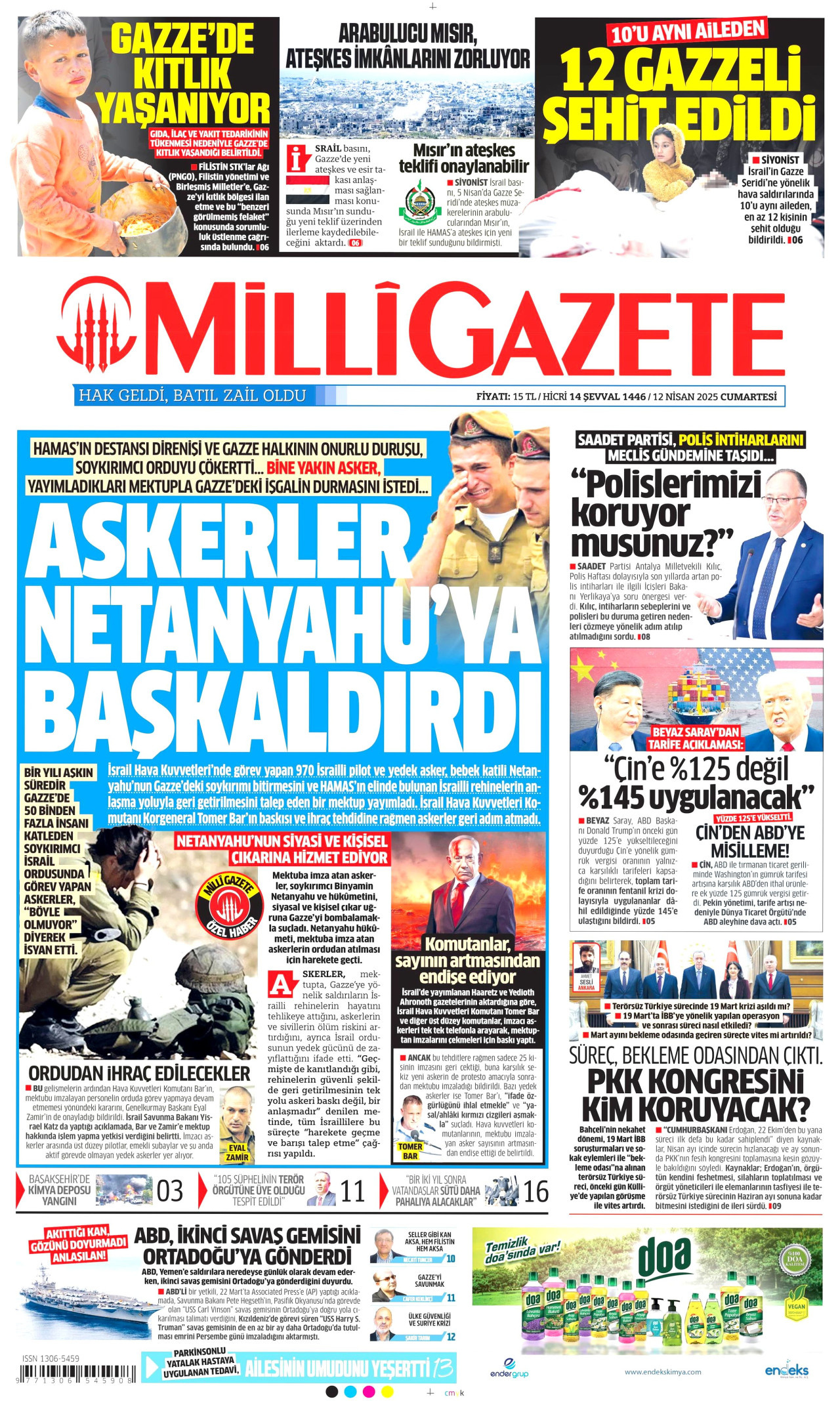 MİLLİ GAZETE gazetesinin 12 Nisan 2025 tarihli birinci sayfası