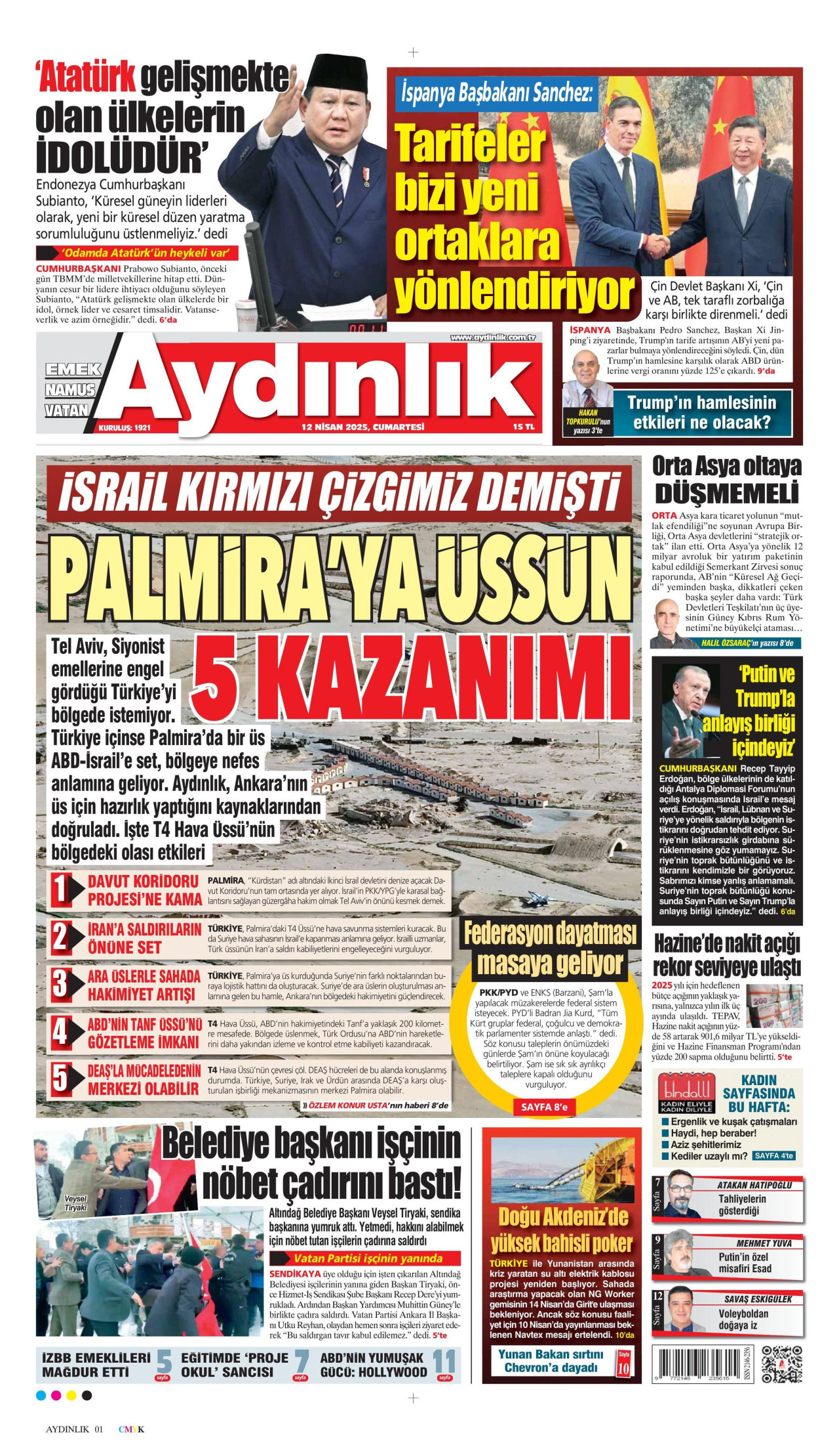 AYDINLIK GAZETESİ gazetesinin 12 Nisan 2025 tarihli birinci sayfası