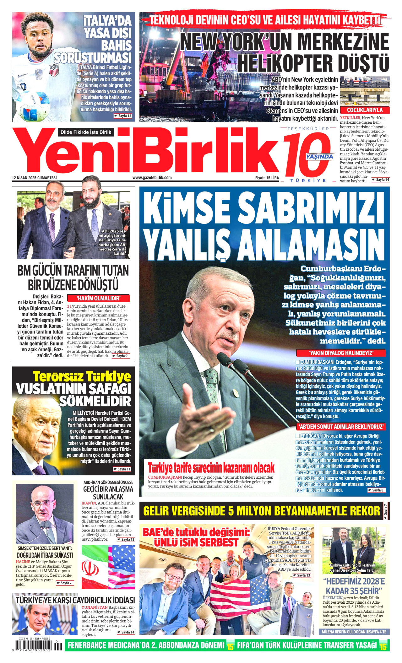 YENİBİRLİK gazetesinin 12 Nisan 2025 tarihli birinci sayfası