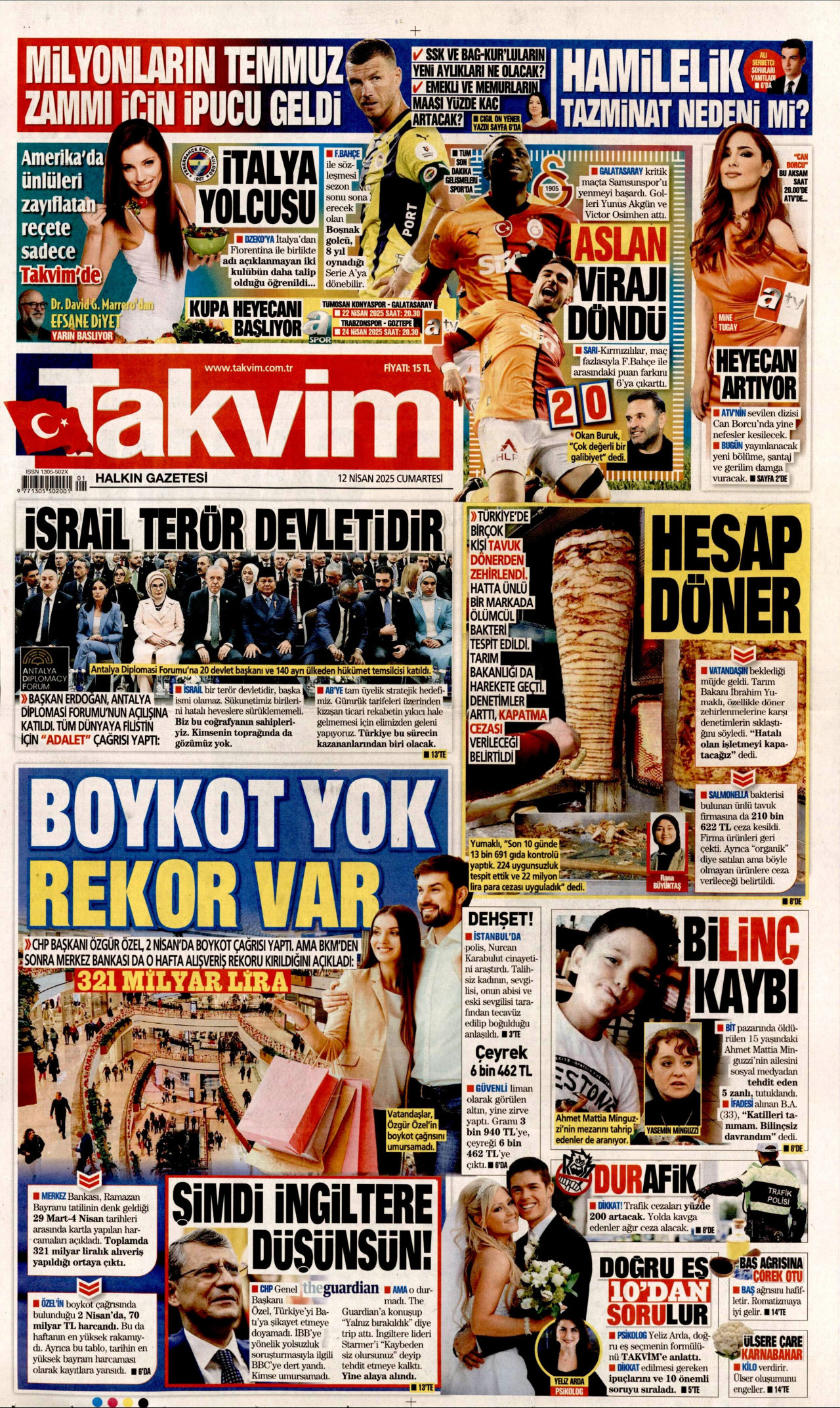 TAKVİM gazetesinin 12 Nisan 2025 tarihli birinci sayfası