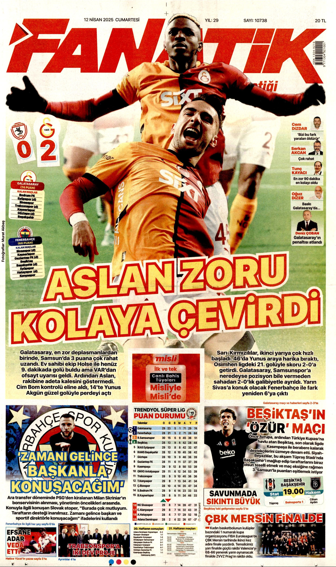 FANATİK gazetesinin 12 Nisan 2025 tarihli birinci sayfası