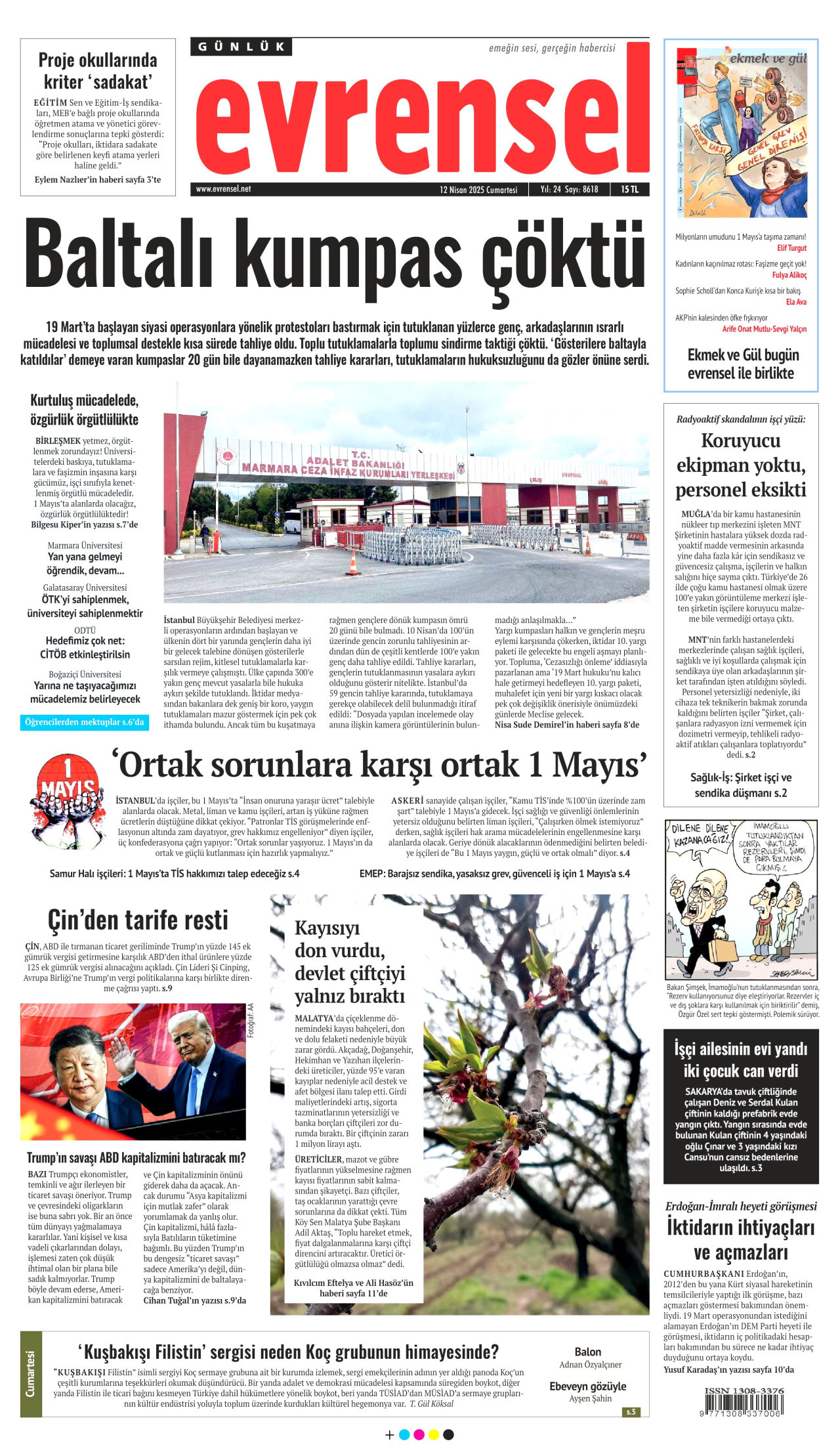 EVRENSEL gazetesinin 12 Nisan 2025 tarihli birinci sayfası
