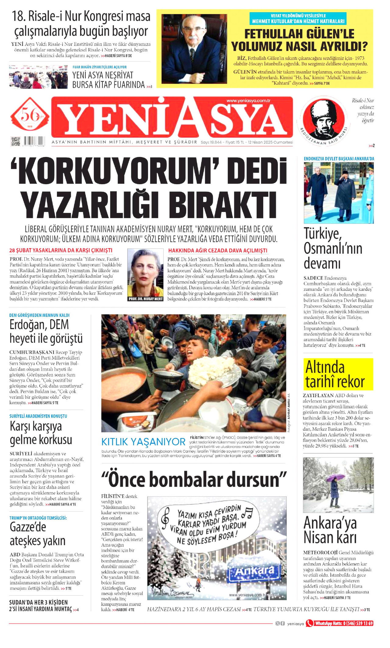 YENİ ASYA gazetesinin 12 Nisan 2025 tarihli birinci sayfası