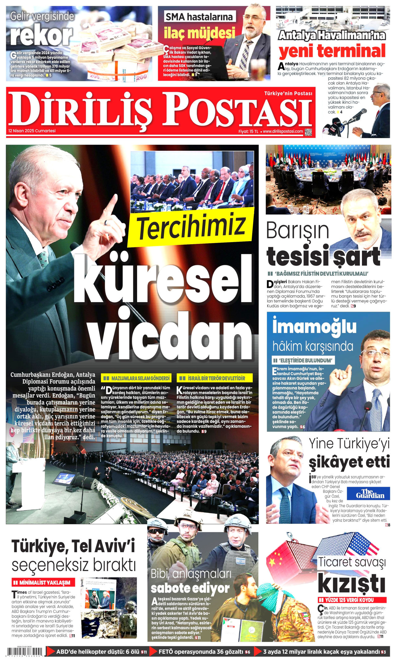 DİRİLİŞ POSTASI gazetesinin 12 Nisan 2025 tarihli birinci sayfası