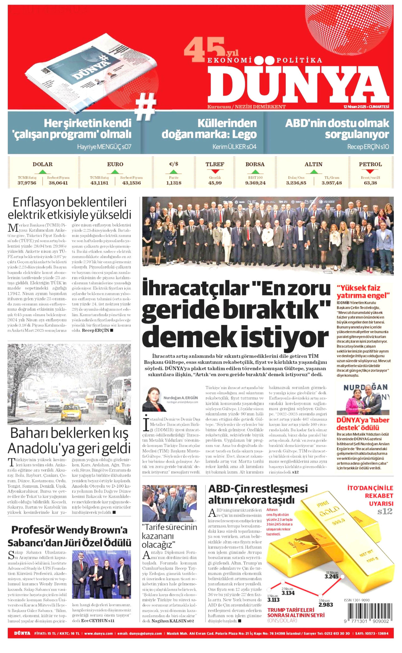 DÜNYA gazetesinin 12 Nisan 2025 tarihli birinci sayfası