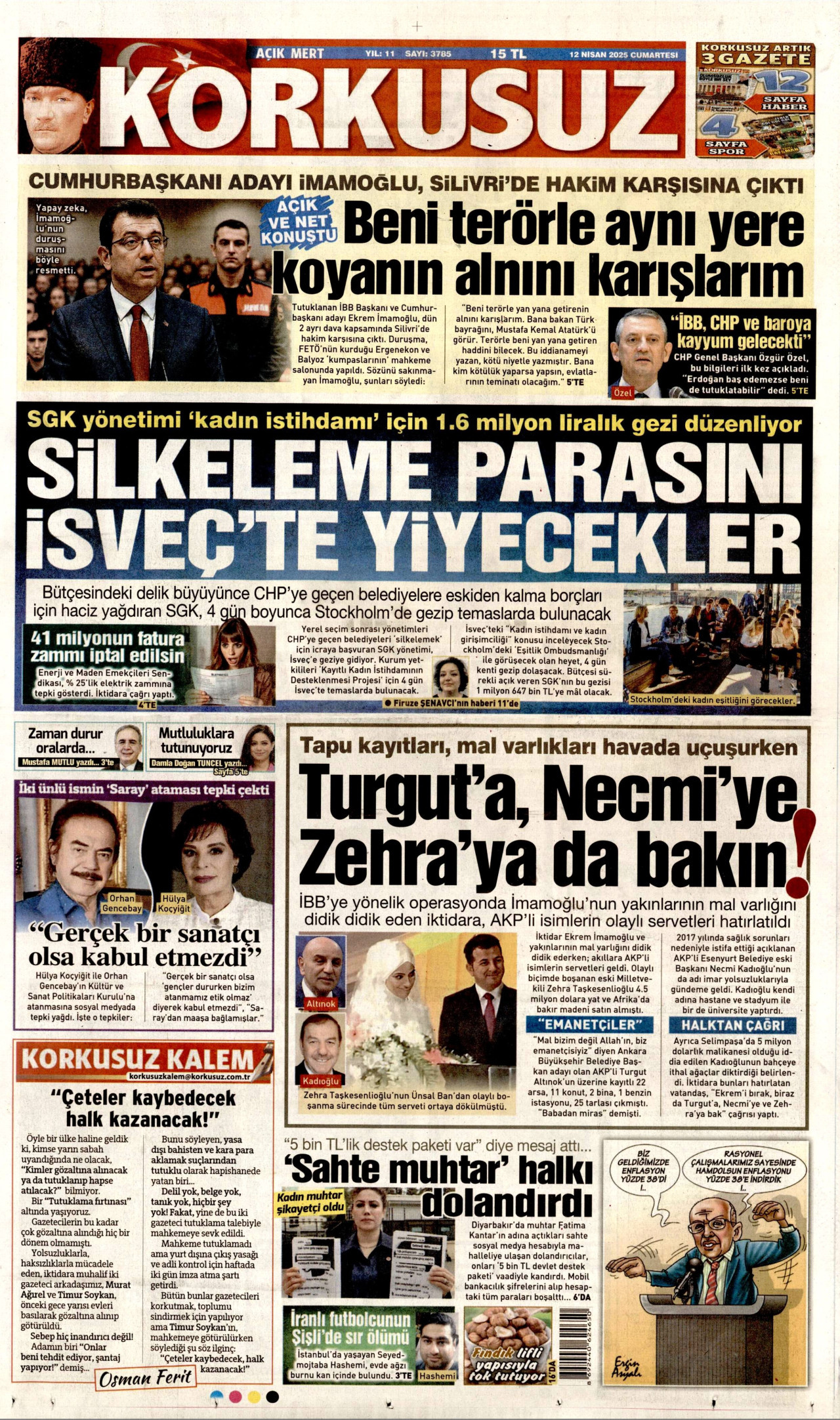 KORKUSUZ gazetesinin 12 Nisan 2025 tarihli birinci sayfası