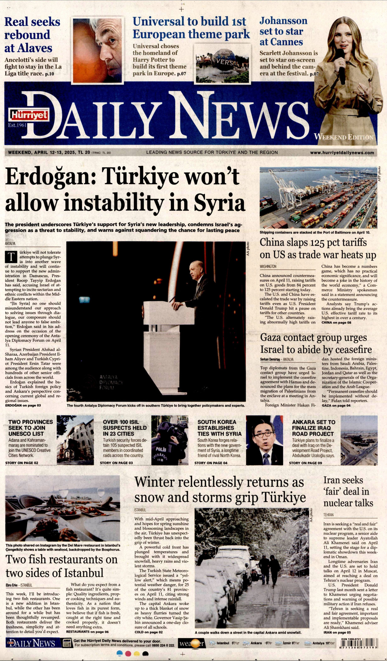 HÜRRİYET DAİLY NEWS gazetesinin 12 Nisan 2025 tarihli birinci sayfası