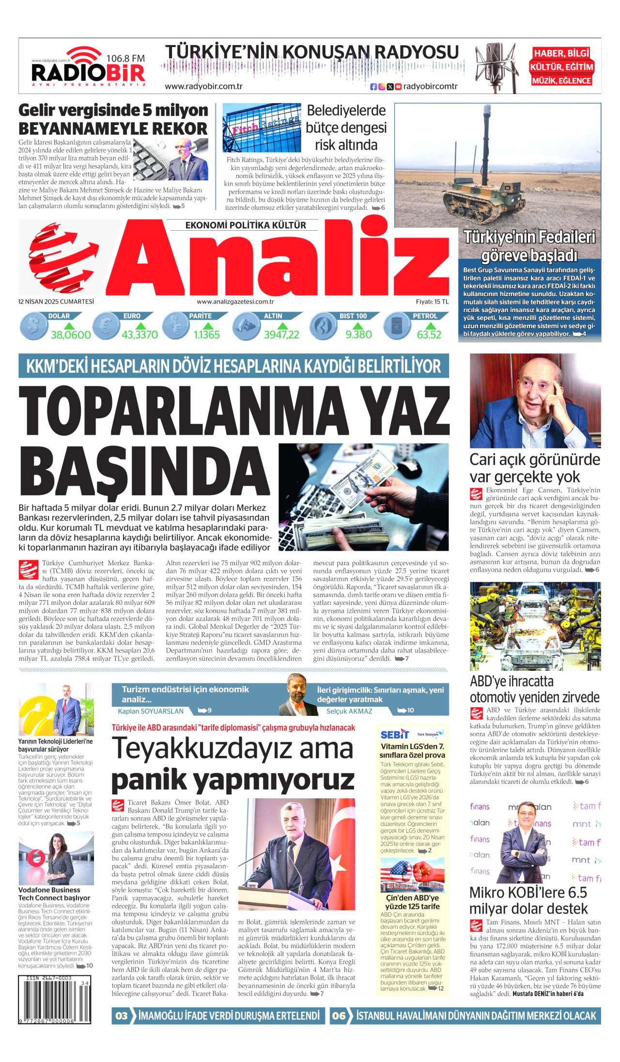 ANALİZ gazetesinin 12 Nisan 2025 tarihli birinci sayfası