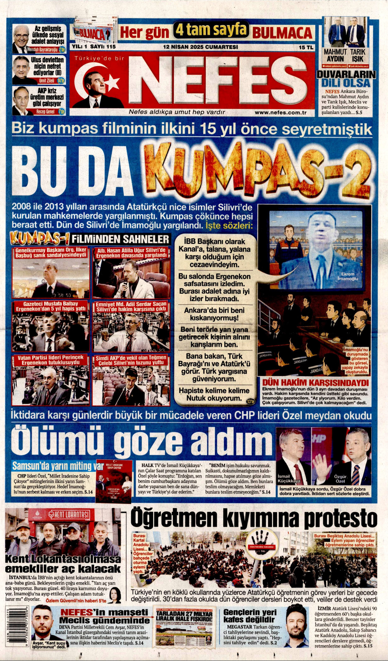 NEFES gazetesinin 12 Nisan 2025 tarihli birinci sayfası