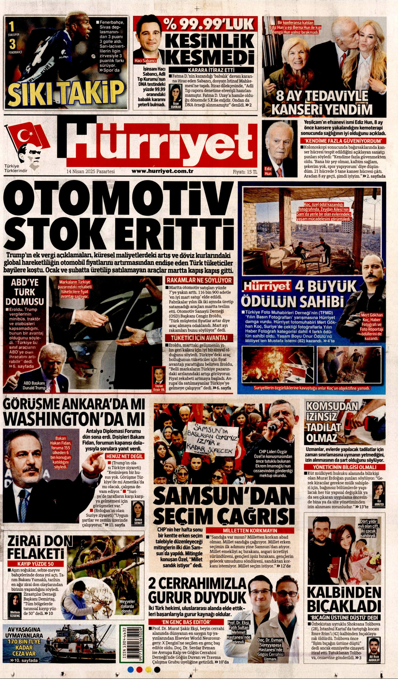 HÜRRİYET gazetesinin 14 Nisan 2025 tarihli birinci sayfası