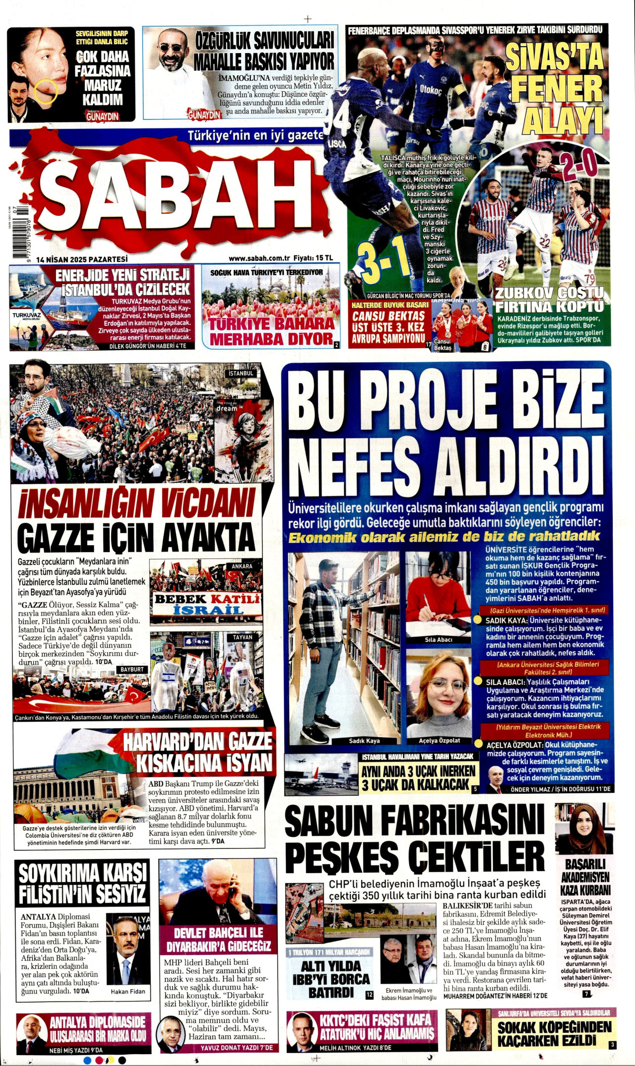 SABAH gazetesinin 14 Nisan 2025 tarihli birinci sayfası
