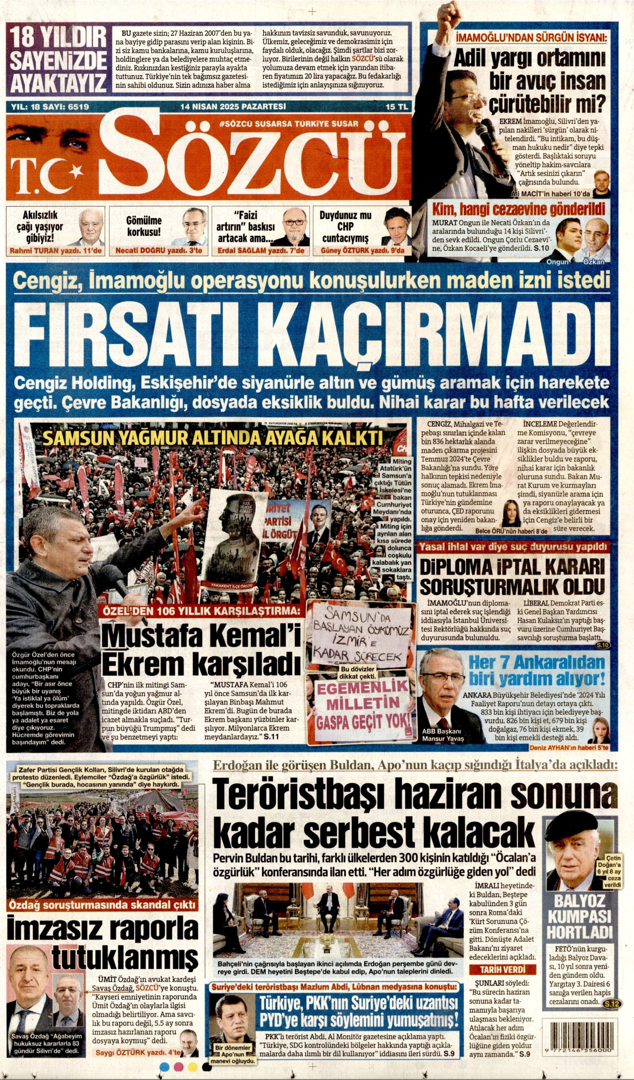 SÖZCÜ gazetesinin 14 Nisan 2025 tarihli birinci sayfası