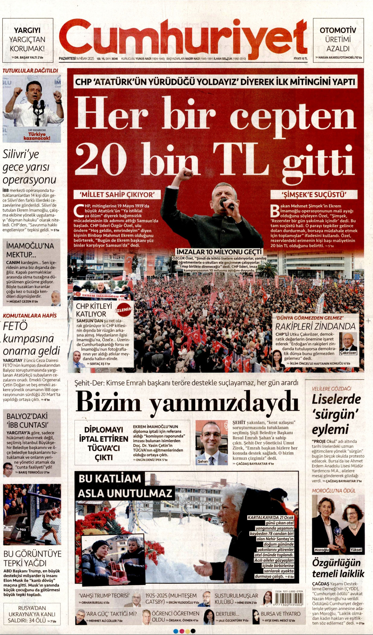 CUMHURİYET gazetesinin 14 Nisan 2025 tarihli birinci sayfası