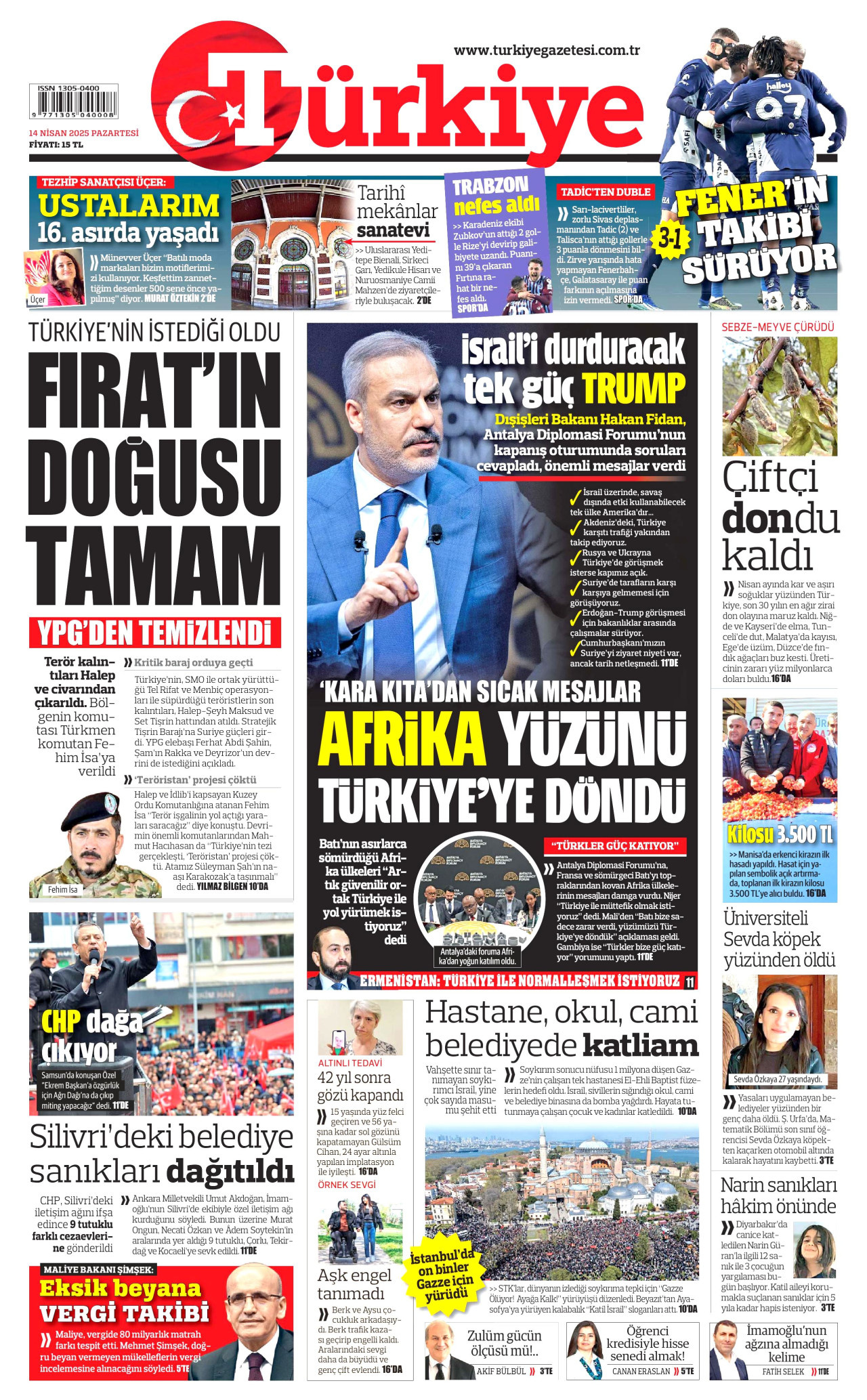 TÜRKİYE GAZETESİ gazetesinin 14 Nisan 2025 tarihli birinci sayfası