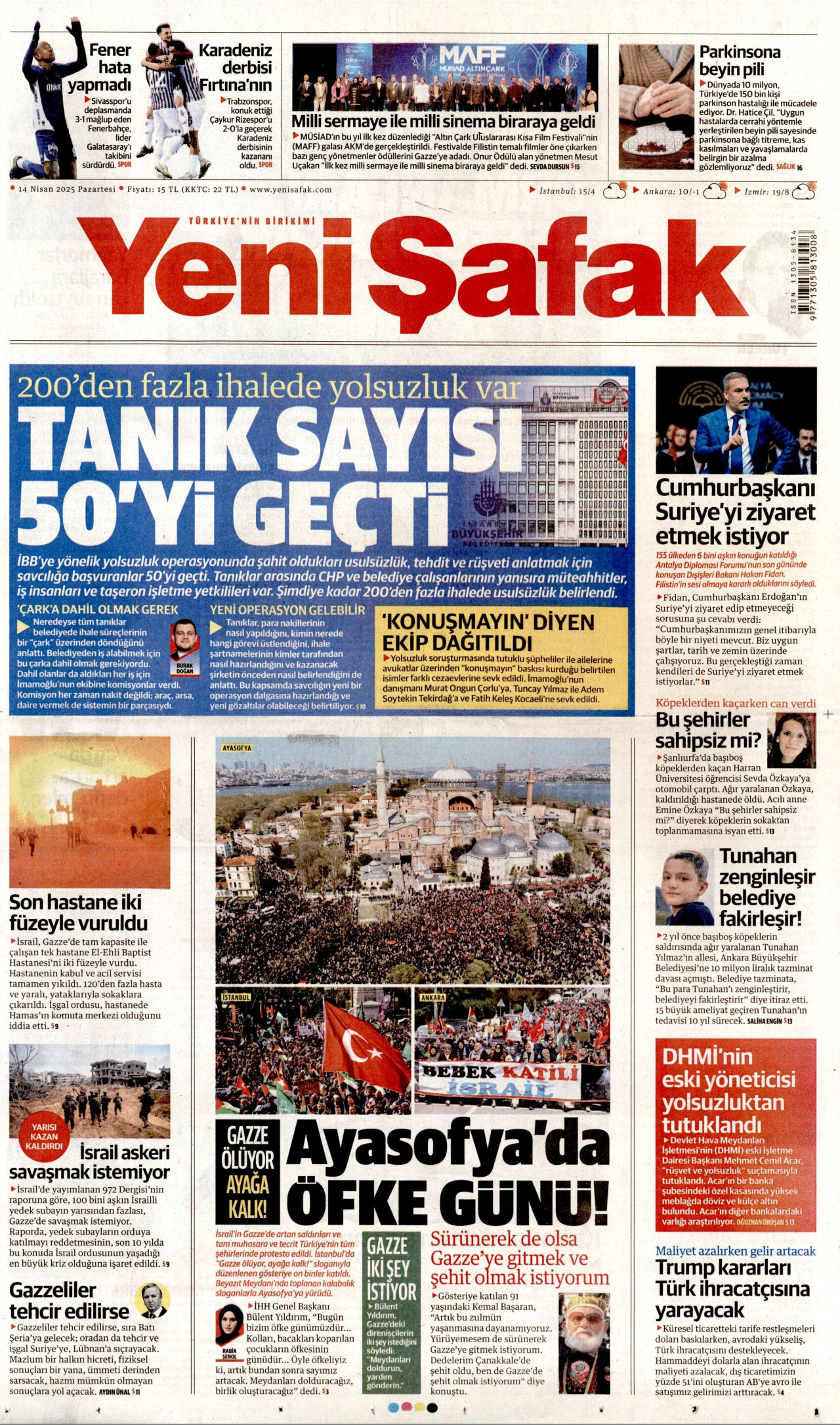 YENİ ŞAFAK gazetesinin 14 Nisan 2025 tarihli birinci sayfası