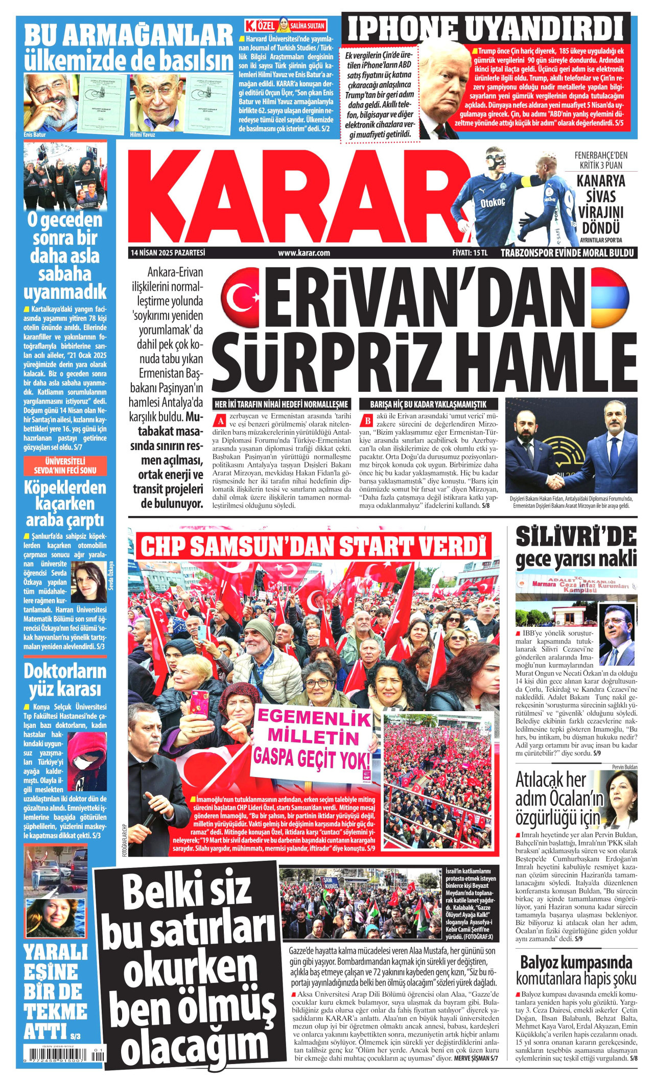 KARAR gazetesinin 14 Nisan 2025 tarihli birinci sayfası