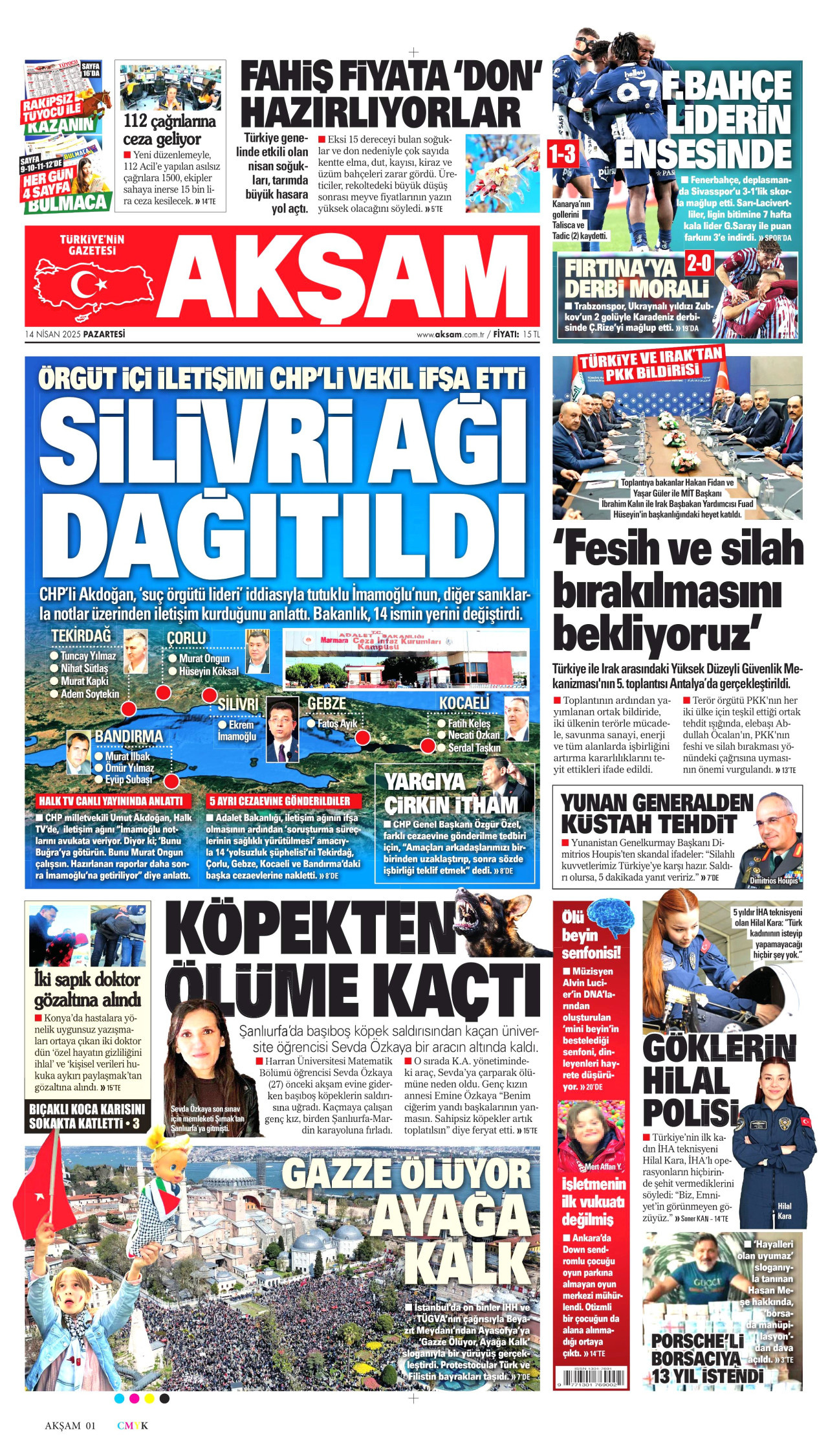AKŞAM gazetesinin 14 Nisan 2025 tarihli birinci sayfası
