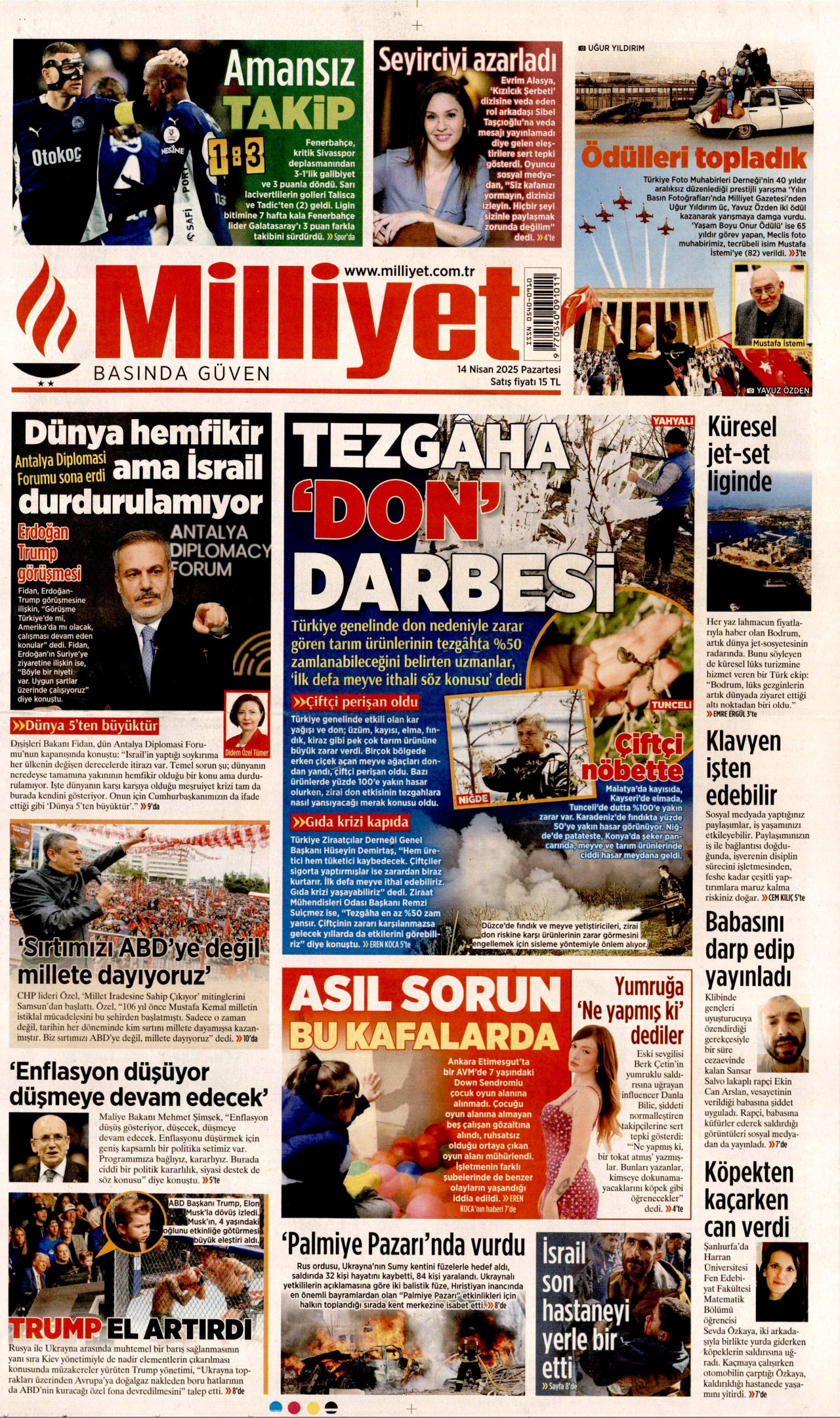 MİLLİYET gazetesinin 14 Nisan 2025 tarihli birinci sayfası