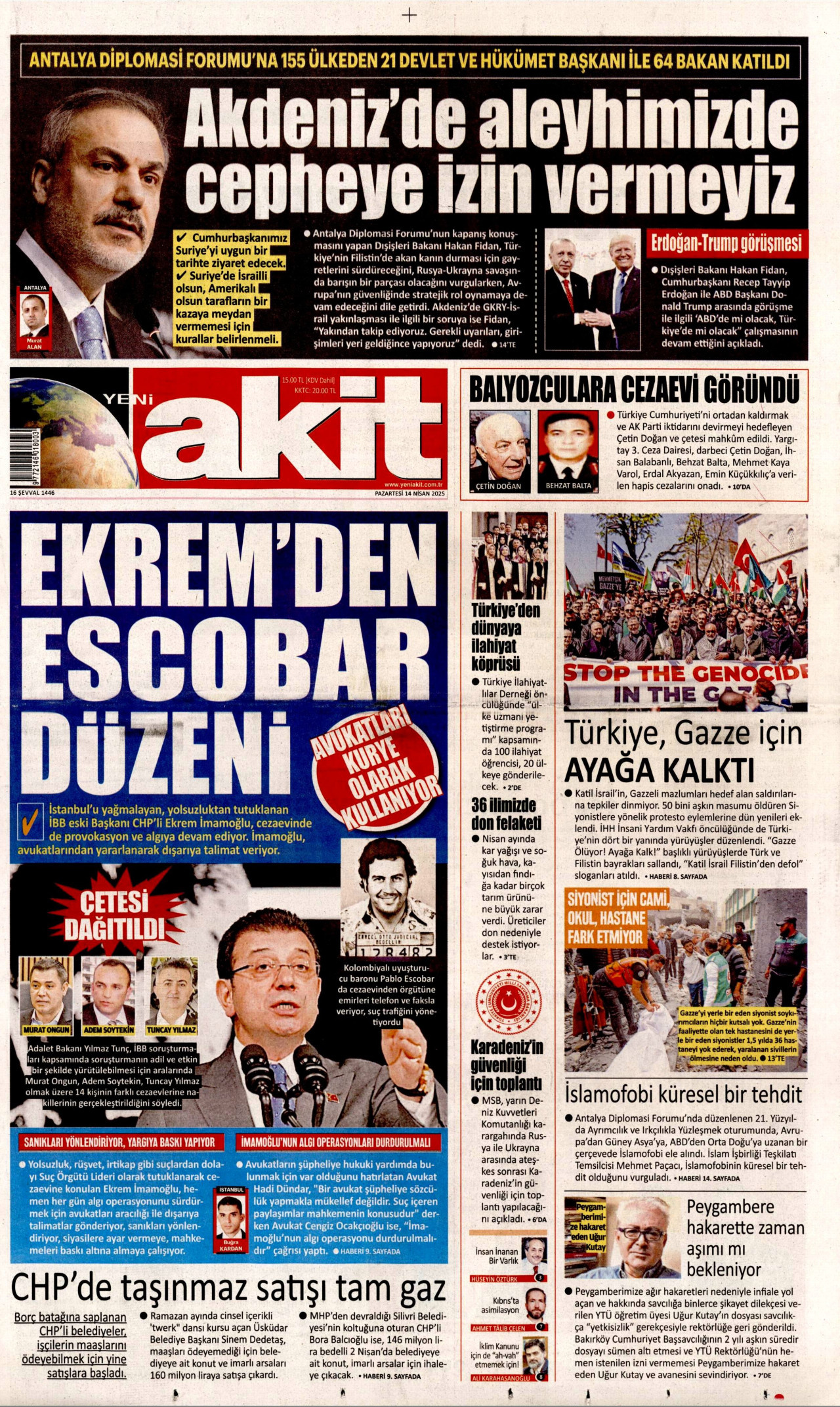 YENİ AKİT gazetesinin 14 Nisan 2025 tarihli birinci sayfası