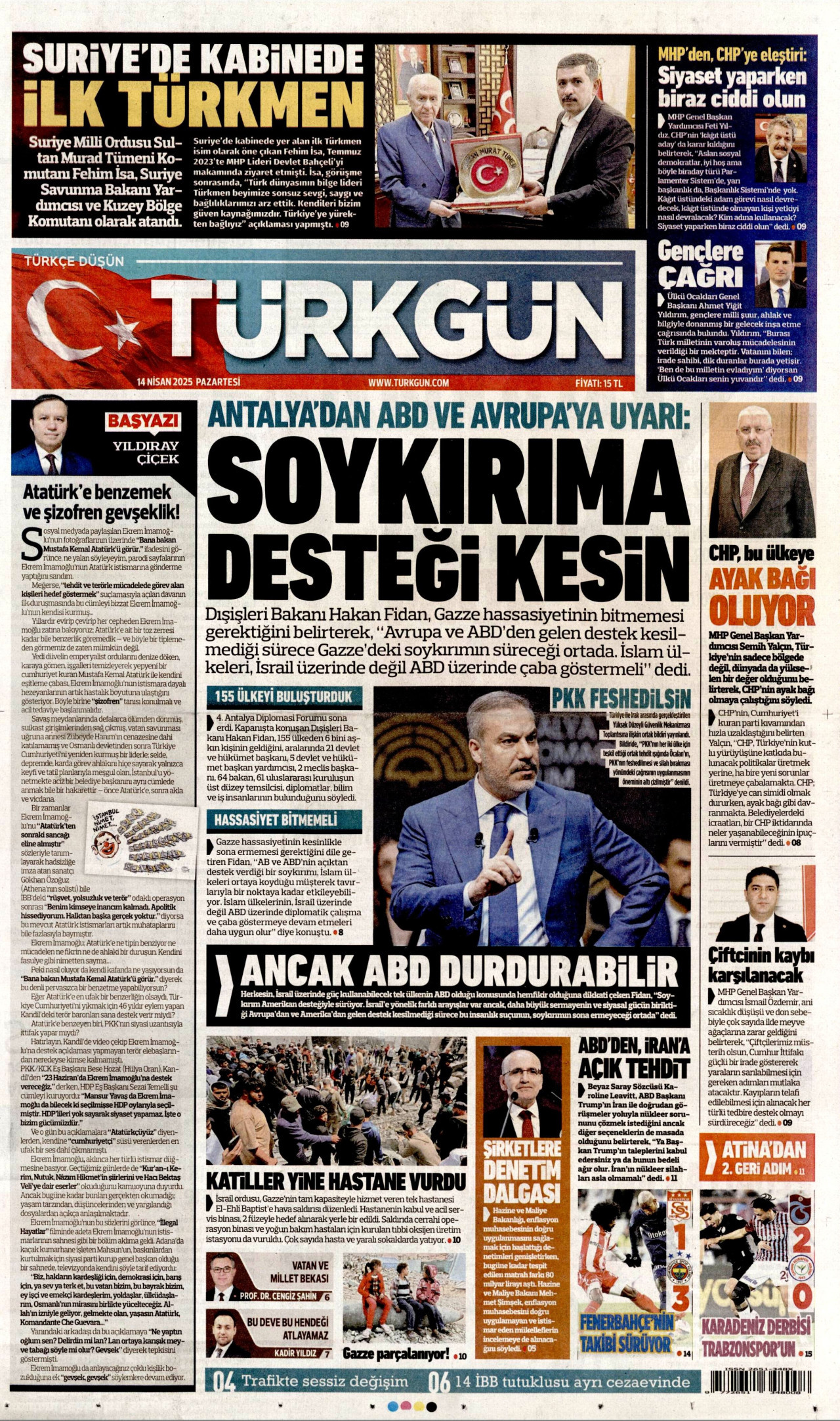 TÜRKGÜN gazetesinin 14 Nisan 2025 tarihli birinci sayfası