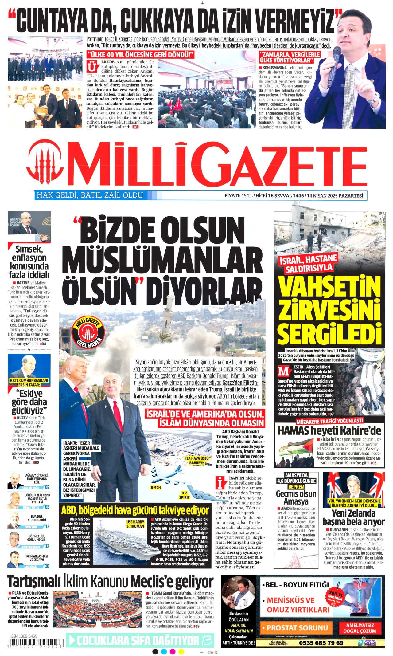 MİLLİ GAZETE gazetesinin 14 Nisan 2025 tarihli birinci sayfası