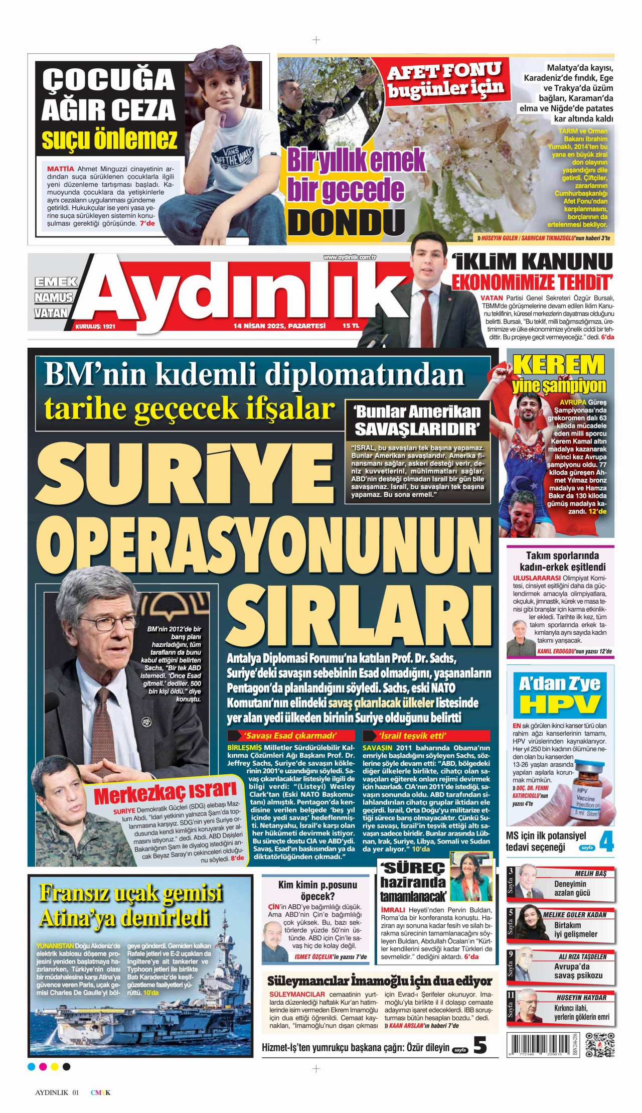 AYDINLIK GAZETESİ gazetesinin 14 Nisan 2025 tarihli birinci sayfası