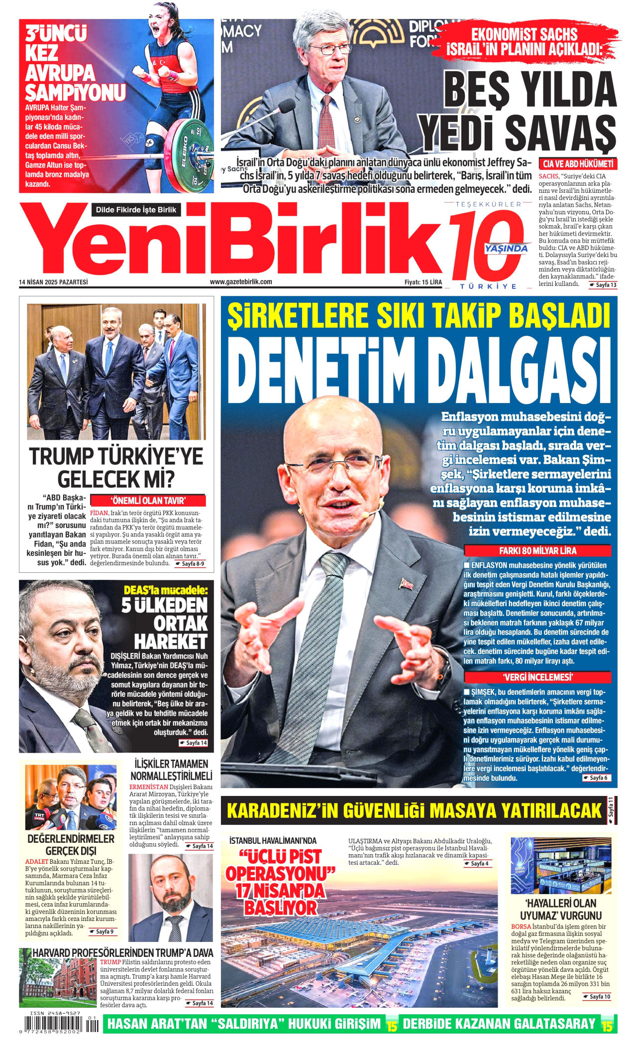 YENİBİRLİK gazetesinin 14 Nisan 2025 tarihli birinci sayfası