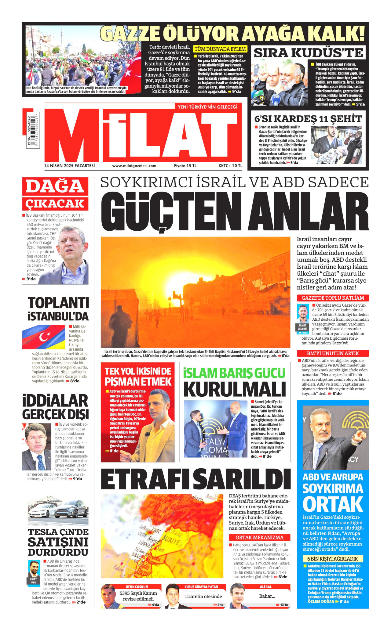 MİLAT gazetesinin 14 Nisan 2025 tarihli birinci sayfası