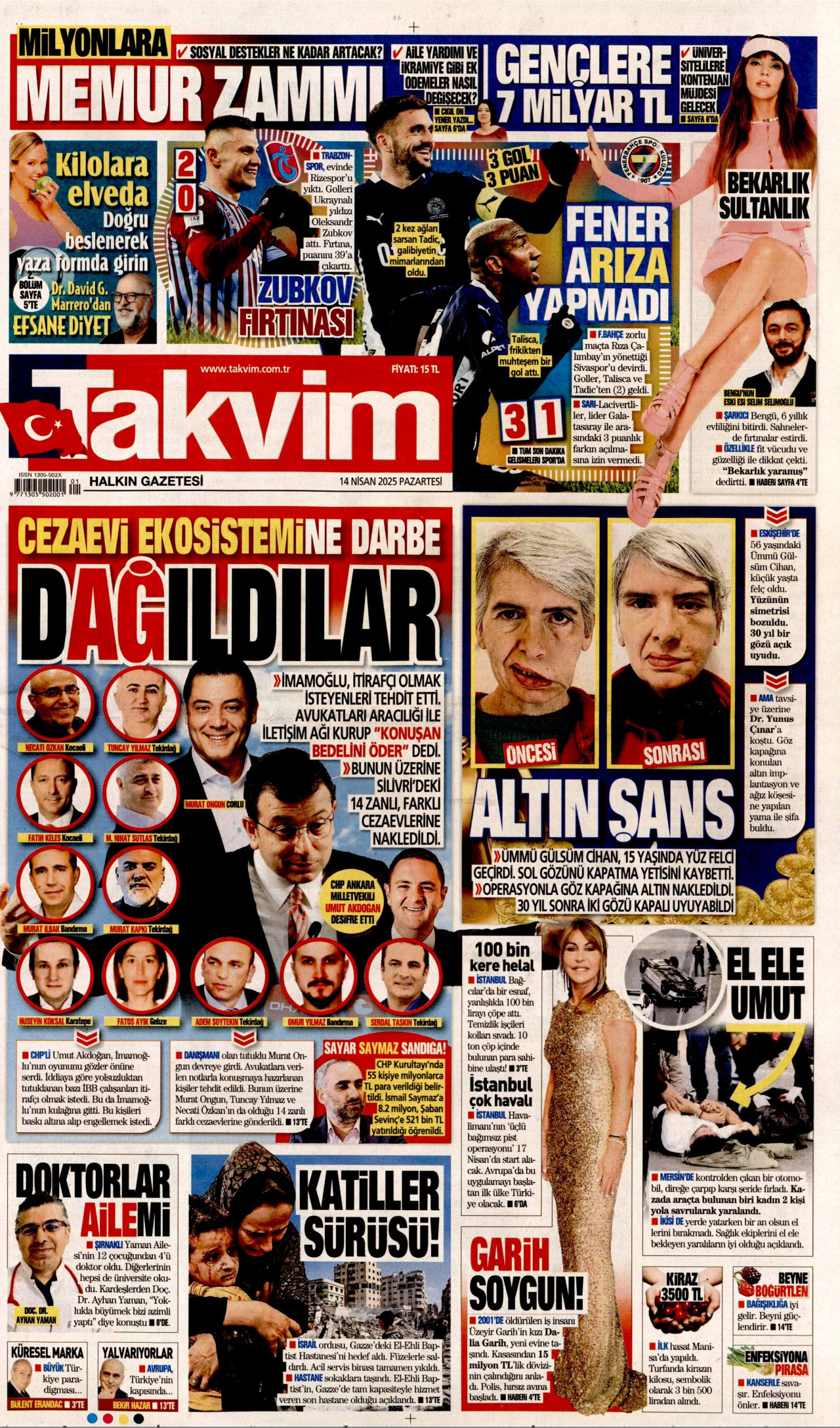 TAKVİM gazetesinin 14 Nisan 2025 tarihli birinci sayfası