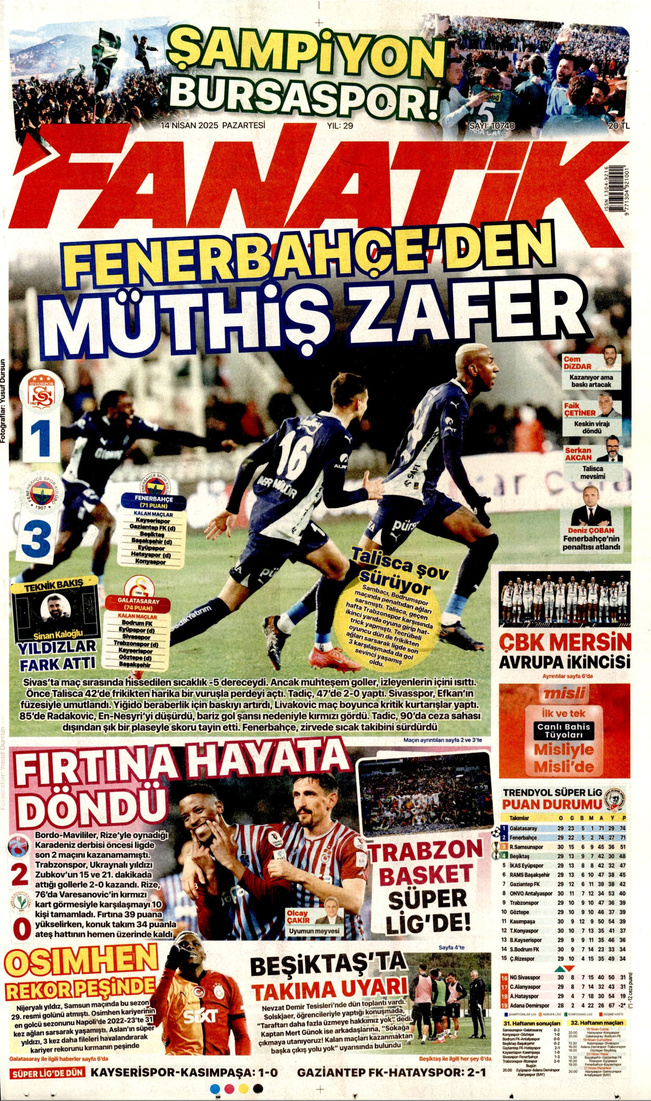 FANATİK gazetesinin 14 Nisan 2025 tarihli birinci sayfası