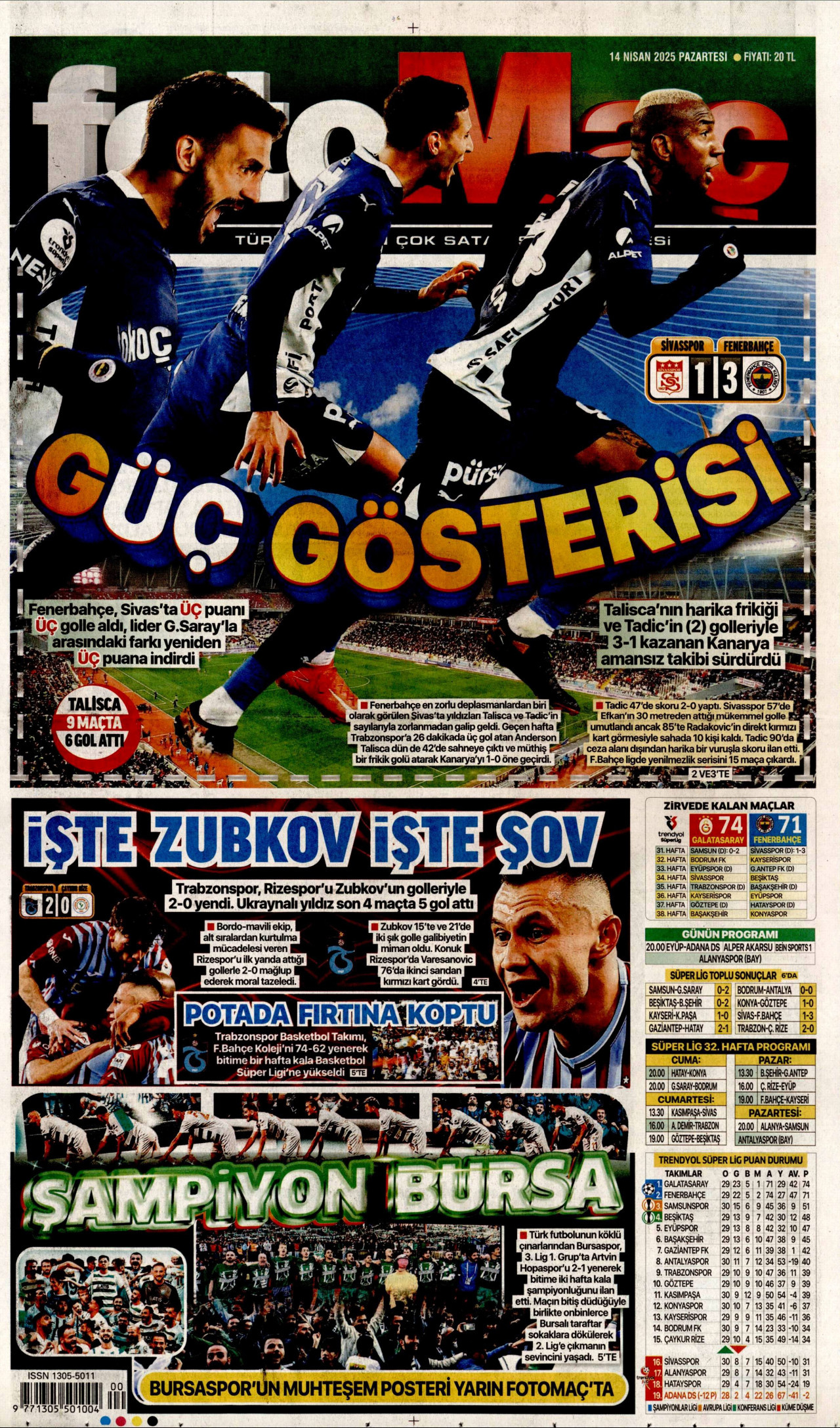 FOTOMAÇ gazetesinin 14 Nisan 2025 tarihli birinci sayfası
